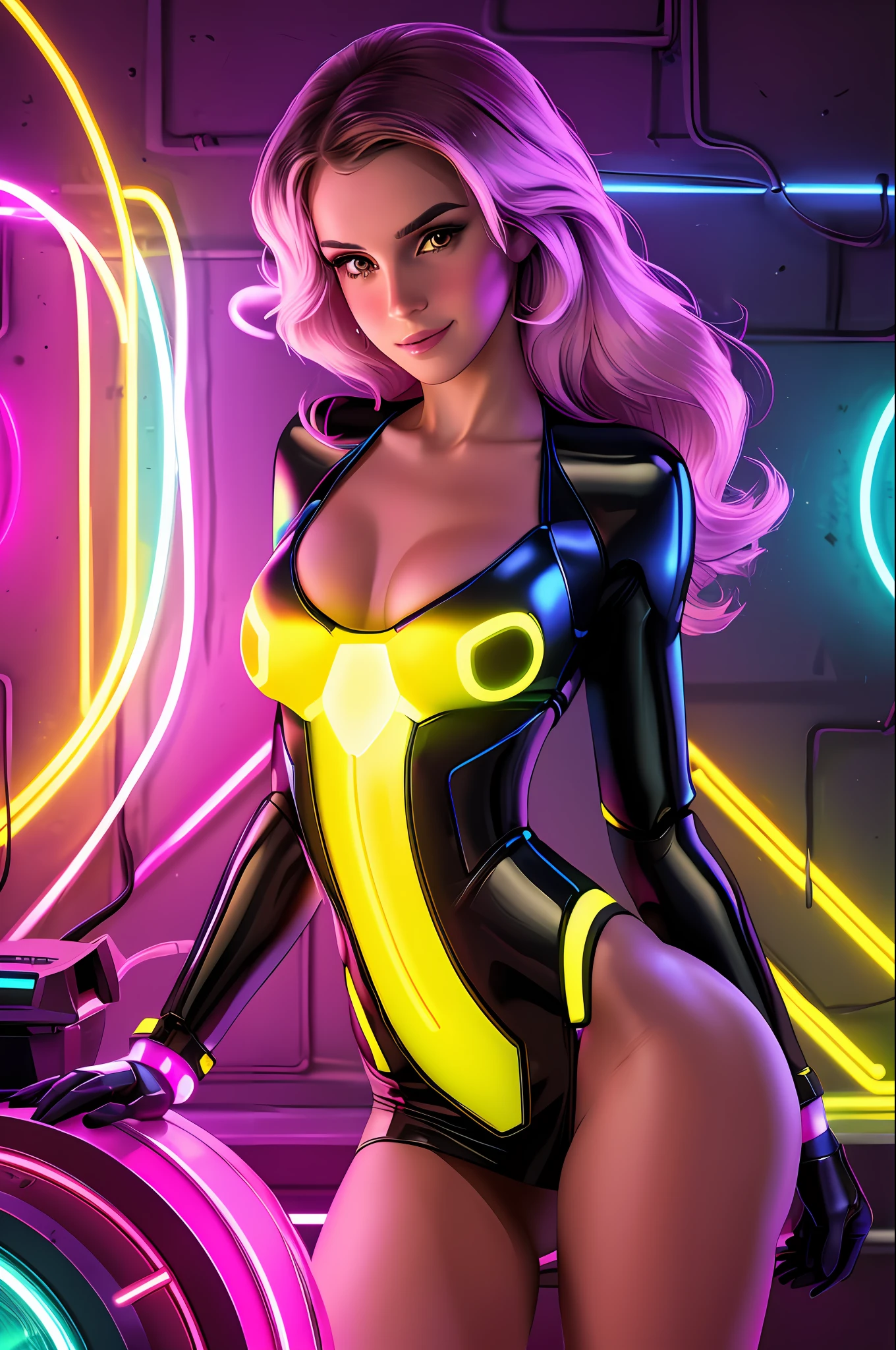 style, robot, (neon lights: 1.1), bright colors, (thepit bimbo :0.5), bright, sexy,

[Lana Del Rey| Emma Watson],, looking at the viewer, smile, symmetrical, centered, closeup, extreme closeup, upper body, cleavage focus,
milf, female, athletic, fit, tall, tanned skin, European, minidress, lively, smile, glowsticks, disco,
golden outline,
[(color colors of psychedelic explosion painting:1.1)::0.125],
iridescent, chromatic aberration, studio lights, bright light, glowing skin,
realistic, realistic, photo-realistic, 8k, highly detailed, body proportions,
led light, laser lights, grumpy