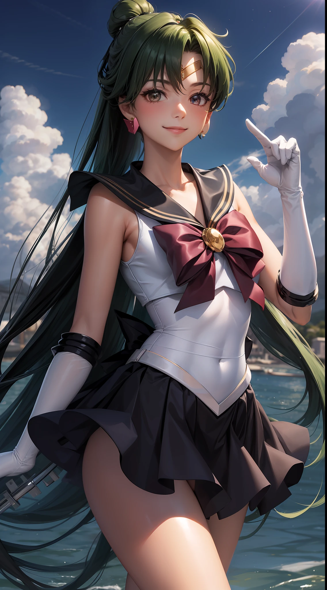 Masterpiece, Best Quality, High Resolution, 1girl, Solo, Sailor Pluto, (Hair Fluffy), (Hair Flowing), (Single Ponytail)), Elbow Gloves, Tiara, Pleated Skirt, Bow, (Black Sailor Collar), White Gloves, Jewelry, Earrings, Smile, Background Meadow, Blue Sky and White Clouds, Headgear, Pose