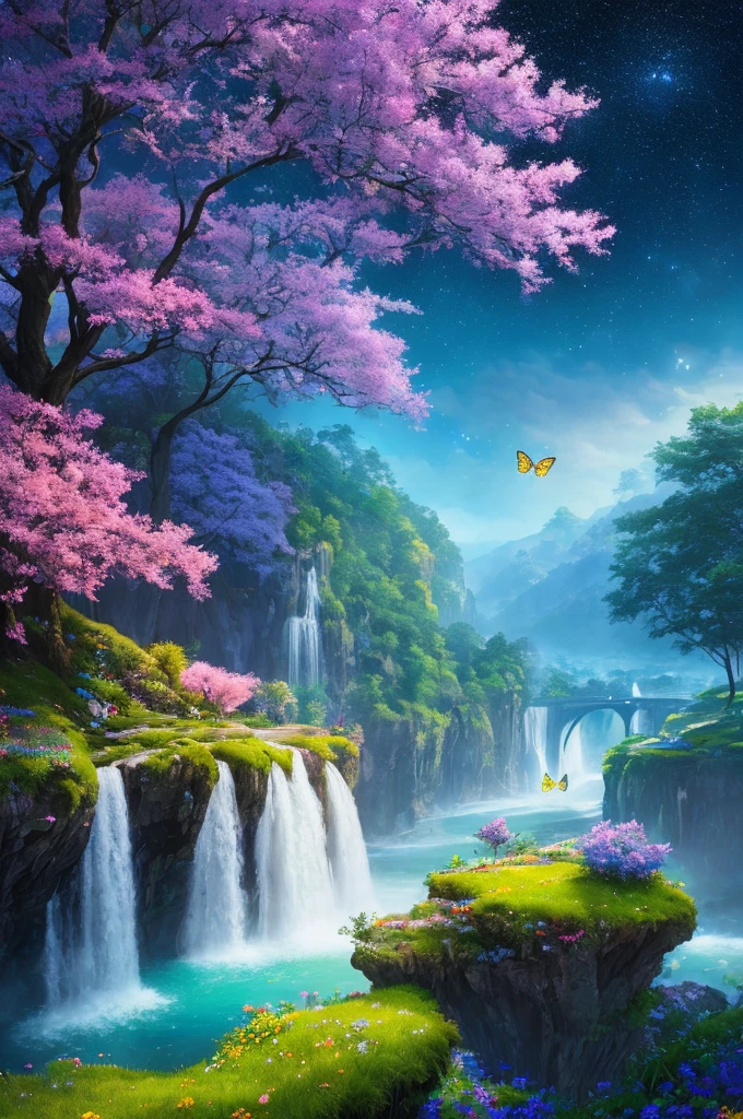 masterpiece, best quality, high quality, extremely detailed cg unity 8k wallpaper, an extremely colorful and purely fantasy environment with vibrant hues and a bright night sky, sky full of stars, landscape of bright green grass, colorful trees, glittering fruits, and bright glowing blue flowers. the streams are a deep shade of black, and the air is filled with sweet exotic scents. the environment appears to be taken out of a dream, with luminescent butterflies and giant colorful birds flying around, award winning photography, bokeh, depth of field, hdr, bloom, chromatic aberration ,photorealistic,extremely detailed, trending on artstation, trending on cgsociety, intricate, high detail, dramatic, art by midjourney