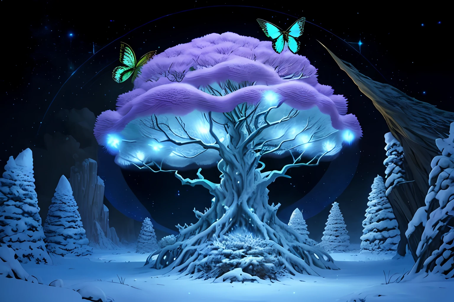 Dragon's tooth tree, anthill, luminous, moth, fantasy