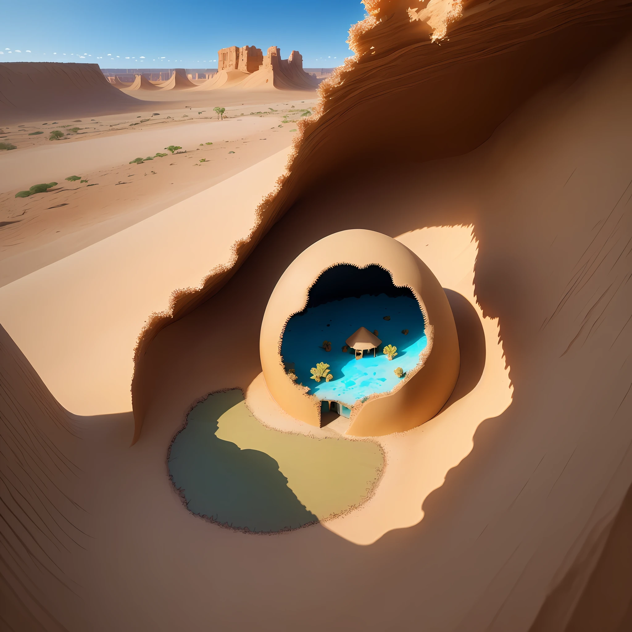 Ant habitat with poisonous air surrounded by transparent barriers, the nest is made of sand and rises round like a hill, the sunlight can be seen inside through the partially collapsed sand wall, the inside of the nest is a rich land with vegetation and water sources, but outside the nest the whole area is covered with desert, the wind is blowing and the sand is fluttering, the nest looks small because you are watching from a distance, Blue sky, shadows in areas not exposed to light, view of the nest from the sky