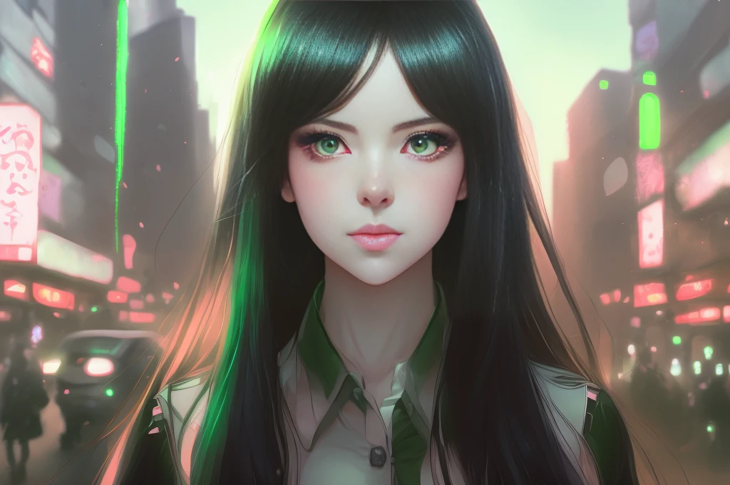 anime girl with long black hair and green eyes in a city, realistic anime artstyle, anime styled digital art, anime realism style, realistic anime art style, portrait anime girl, digital anime art, realistic anime 3 d style, stunning anime face portrait, beautiful anime portrait, artwork in the style of guweiz, anime style portrait, detailed digital anime art