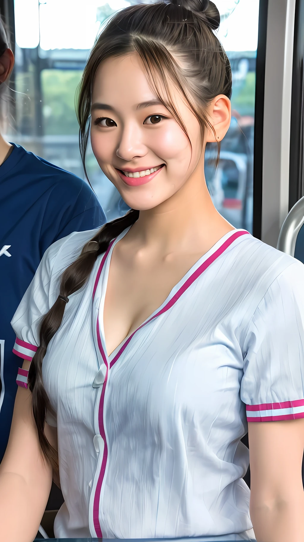 realistic photos of cute Korean star female, braided bun, kamina shades, thin makeup, medium breasts size, slightly smile, shirt with rolled up sleeves, in the Thai bus, clear facial features, Eye-Level Shot, dithering, UHD, masterpiece, super detail, best quality, highres, 16k,