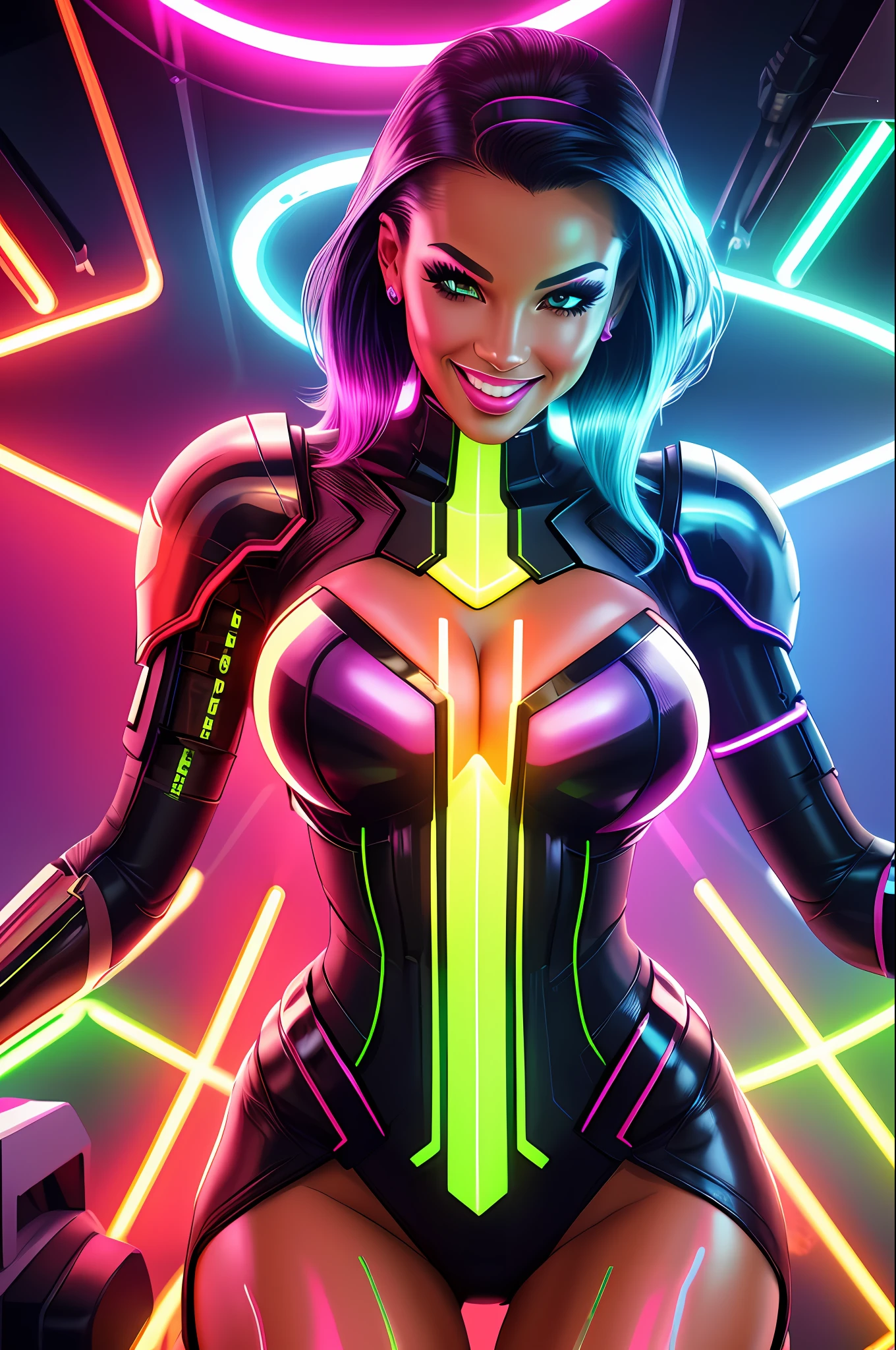 style, cyborg woman, (neon lights: 1.1), bright colors, (thepit bimbo :0.5), bright, sexy,

[Anita],, looking at the viewer, smile, symmetrical, centered, closeup, extreme closeup, upper body, cleavage focus,
milf, female, athletic, fit, tall, tanned skin, European, minidress, lively, smile, glowsticks, futuristic,
golden outline,
[(color colors of psychedelic explosion painting:1.1)::0.125],
iridescent, chromatic aberration, studio lights, bright light, glowing skin,
realistic, realistic, photo-realistic, 8k, highly detailed, body proportions,
diffuse light, laser lights, fog