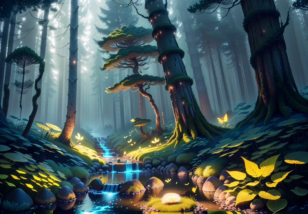 Masterpiece, best quality, (very detailed CG unity 8k wallpapers), (best quality), (best illustrations), (best shadows), forest theme with natural elements. Tall trees, quiet streams, glowing little mushrooms, surrounded by delicate leaves and branches, with fireflies and glowing particle effects,, (natural elements), (jungle theme), (leaves), (branches), ( fireflies), butterflies, (delicate leaves), (glow), (particle effects). , isometric 3D, Octane rendering, ray tracing, super detailed