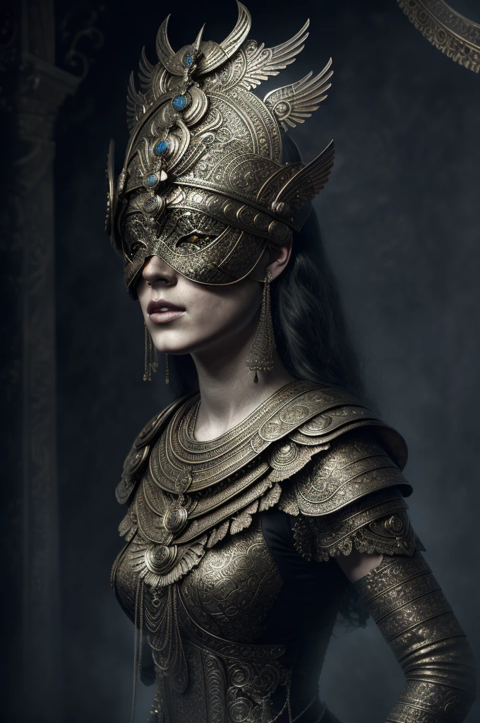 Full body portrait , a woman wearing a halo blind mask, necklace, tone mapping, detailed, highly detailed, digital painting, art station, concept art, smooth, sharp focus, beautiful illustration, photograph, bright lights, dynamic lighting, fog, intricate, film grain, professional, facing the audience, old Egyptian AI