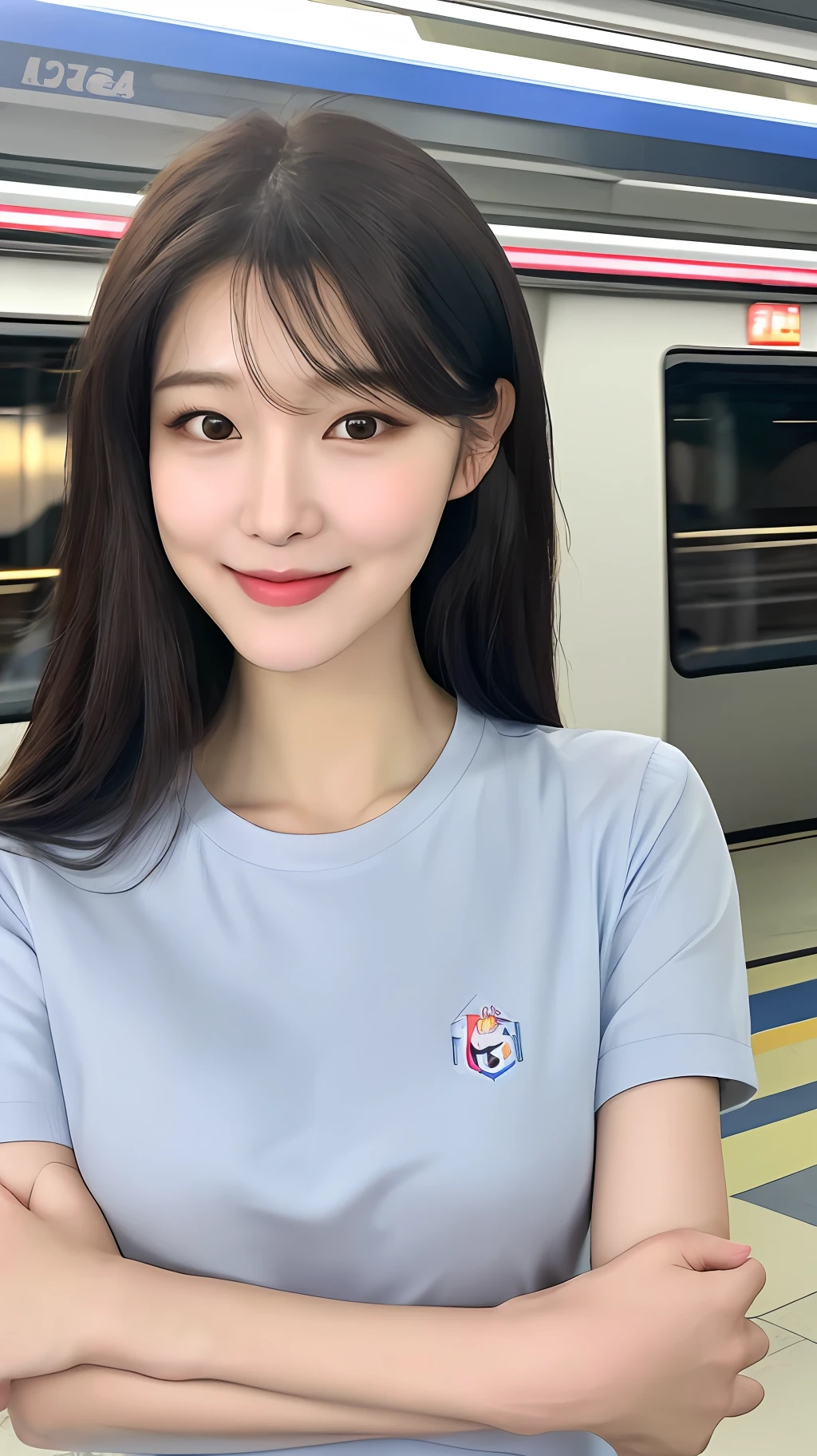 realistic photos of cute Korean star female, expressive hair, thin makeup, medium breasts size, slightly smile, shirt with rolled up sleeves, in the skytrain, clear facial features, Eye-Level Shot, dithering, UHD, masterpiece, super detail, best quality, highres, 16k,