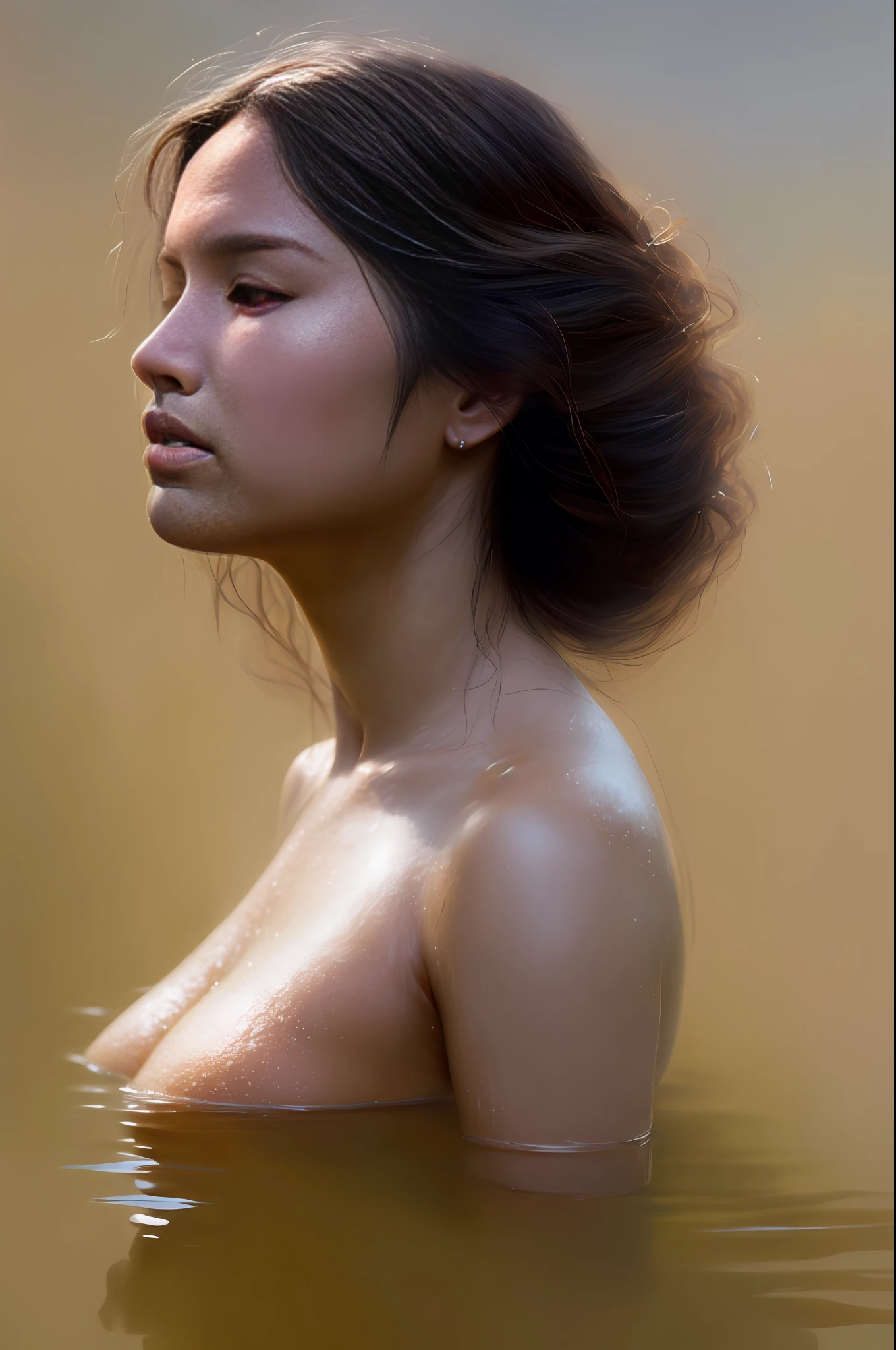Style-Hamunaptra portrait of A beautiful woman, 30 years old. From tanned skin, light brown hair, wavy at the height of the back, western eyes, honey colored, fluffy turned, ((big cheeks)), bathing in a river, only with the head out of the water, among reeds, (backlit), realistic, masterpiece, high quality, brightness, shadow, flower, [[chromatic aberration]], by Jeremy Lipking, by Antonio J. Manzanedo, digital painting, Brazilian, 8k uhd,