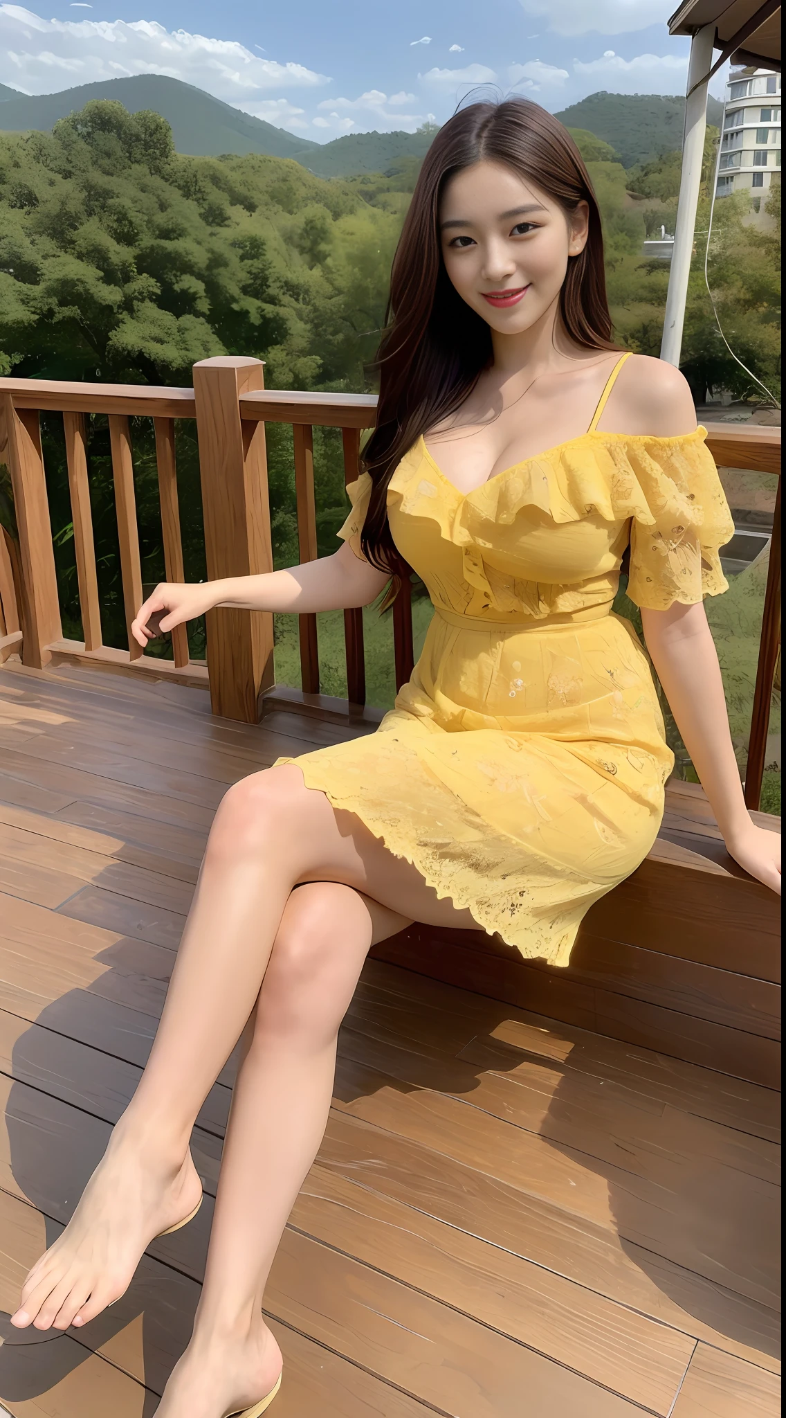 ((Best quality, 8k, Masterpiece :1.3)), Full body, long legs, yellow lace floral dress, focal length: 1.2, Perfect body beauty: 1.4, Slim abs: 1.1, (dark brown hair, Big breasts: 1.2)), (Yellow skirt: 1.3))), Happy expression, Cross legs: 1.2, ((Natural landscape: 1.3)), wooden balcony: 1.1, Very detailed facial and skin texture, Eye details, Double eyelids