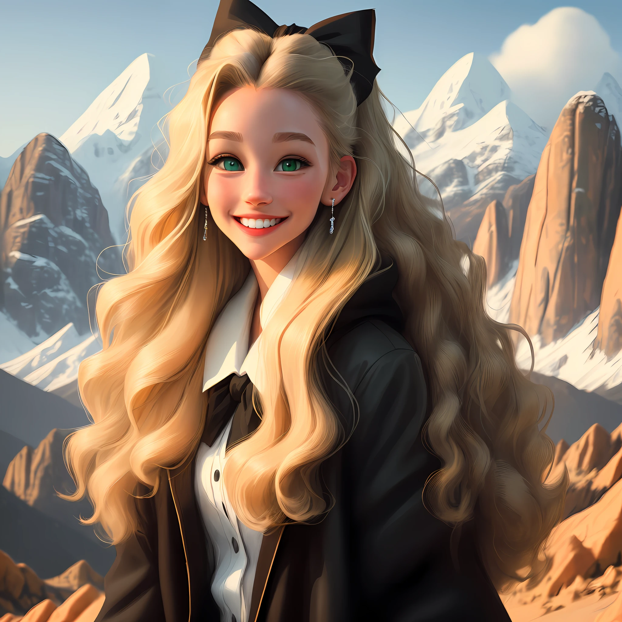 High Detail, Ultra Detail, Ultra High Resolution, Big Green Eyed Girl, Beautiful Smile, Wavy Blonde Hair, Red Bow in Hair, Black Coat, White Shirt, Diamond Earrings, Mountains, Hills, Rock Formations