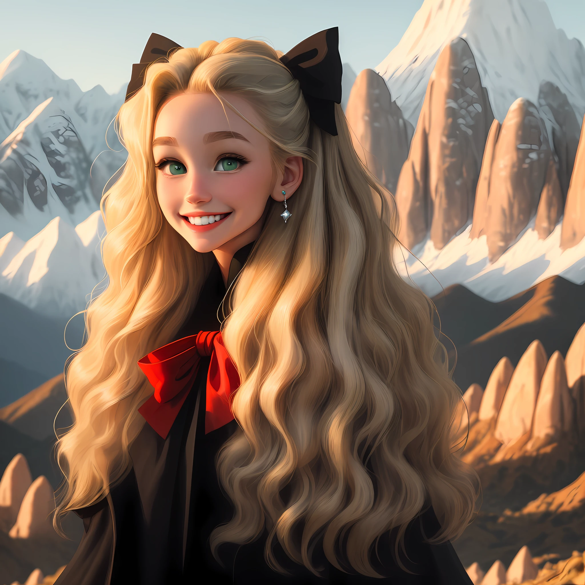 High Detail, Ultra Detail, Ultra High Resolution, Big Green Eyed Girl, Beautiful Smile, Wavy Blonde Hair, Red Bow in Hair, Black Coat, White Shirt, Diamond Earrings, Mountains, Hills, Rock Formations