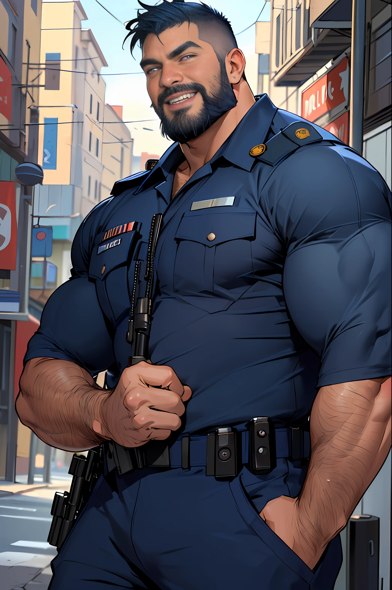 best quality, masterpiece, super high resolution, detailed background, realistic, illustration, single, 1 boy, muscle man, beard, SWAT, street, muscle, facial hair, volumetric lighting, depth of field, gasping for air, raised ??????, ???????, ((navy blue police uniform)) shirt, shy, looking confident, laughing