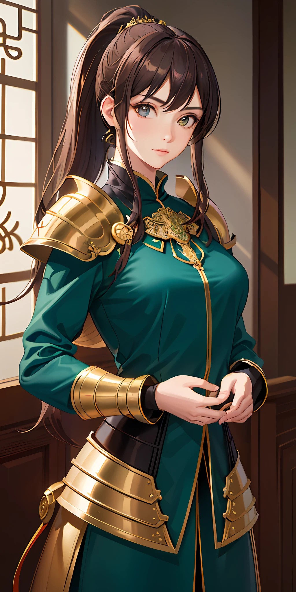 (Photorealistic: 1.4), (Masterpiece, Side Light, Elaborate Eye: 1.2), Masterpiece* Portrait, Realistic Kei, Three-dimensional Face, Shining Eyes, Glossy Hair, Glossy Hair, Glossy Skin, Solo, Green Chinese Dress Armor, Brown Hair, Kanzashi, Ponytail, Medium Hair, Golden Light Armor, Golden Armor Breastplate
