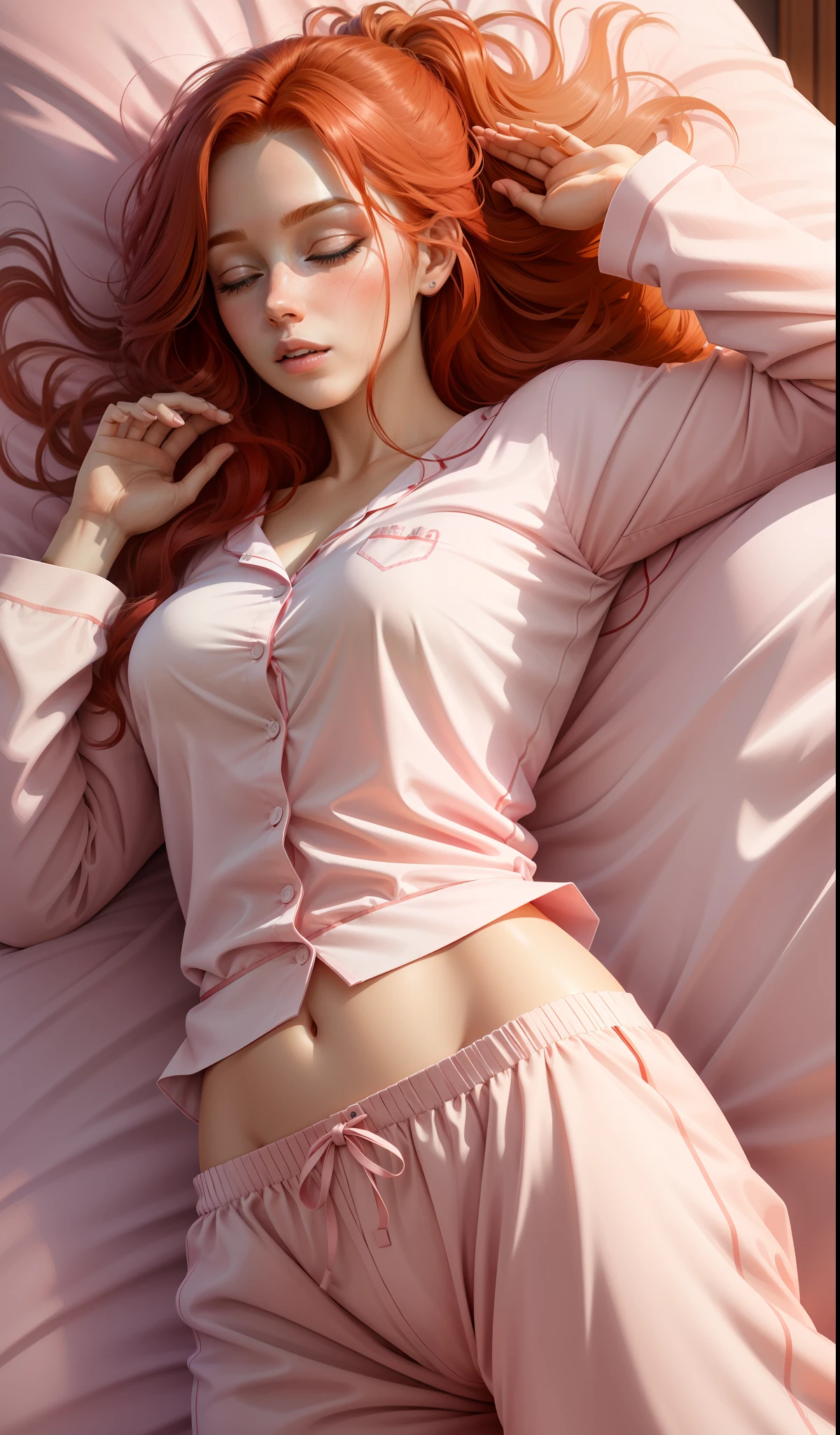 "(((realistic))), ((((woman)))), straight from real life, with (hair_red) red hair, sleeping on a bed wearing (pijama_pink) pink pajamas and long pants."