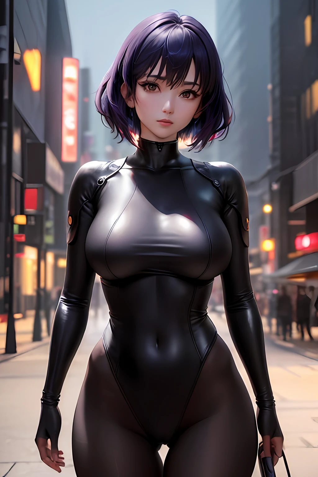 masterpiece, best quality, (extremely detailed CG unity 8k wallpaper, masterpiece, best quality, ultra-detailed, best shadow), (detailed background), (beautiful detailed face, beautiful detailed eyes), High contrast, (best illumination, an extremely delicate and beautiful), ((cinematic light)), colorful, hyper detail, dramatic light, intricate details, Motoko Kusanagi, standing, street, Tokyo, buildings, neon lights, night