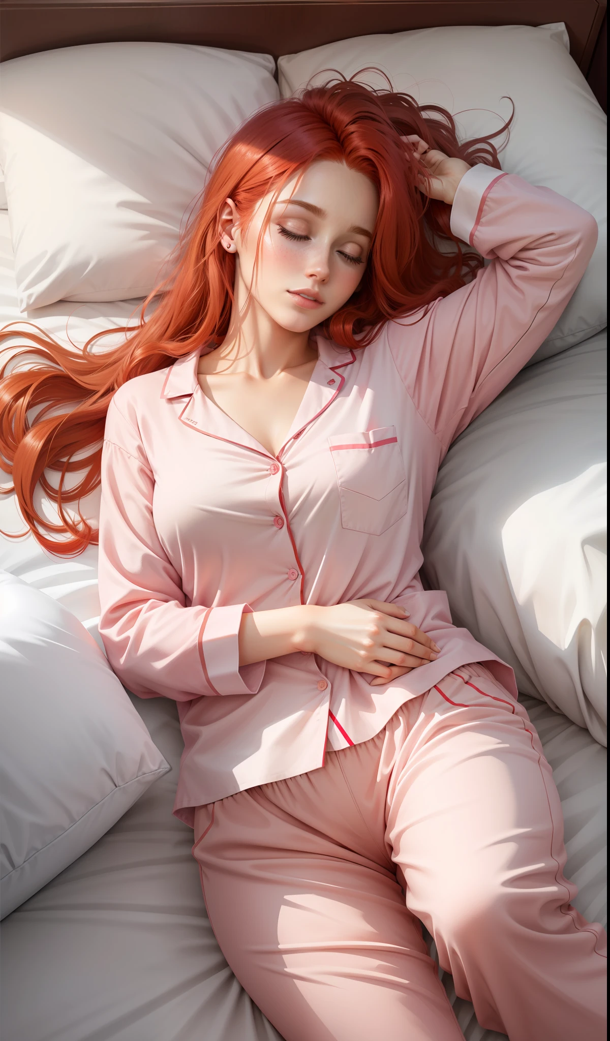 "(((realistic))), ((((woman)))), straight from real life, with (hair_red) red hair, sleeping on a bed wearing (pijama_pink) pink pajamas and long pants."