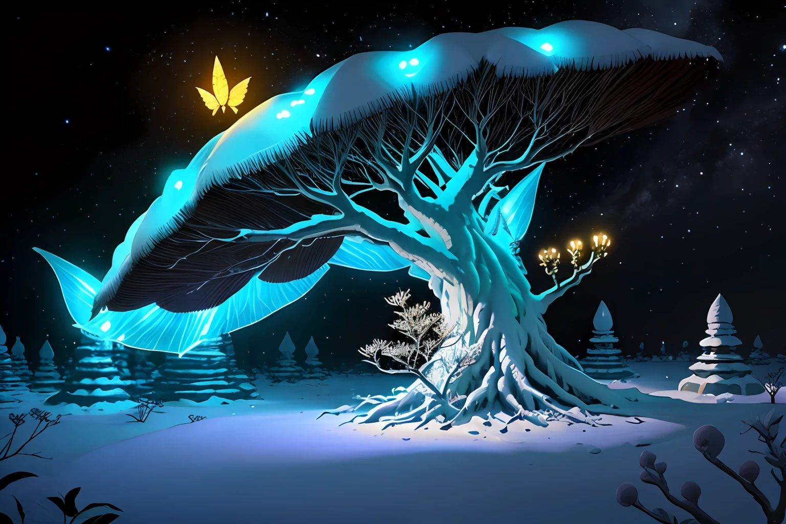 Dragon's tooth tree, anthill, luminous, moth, fantasy