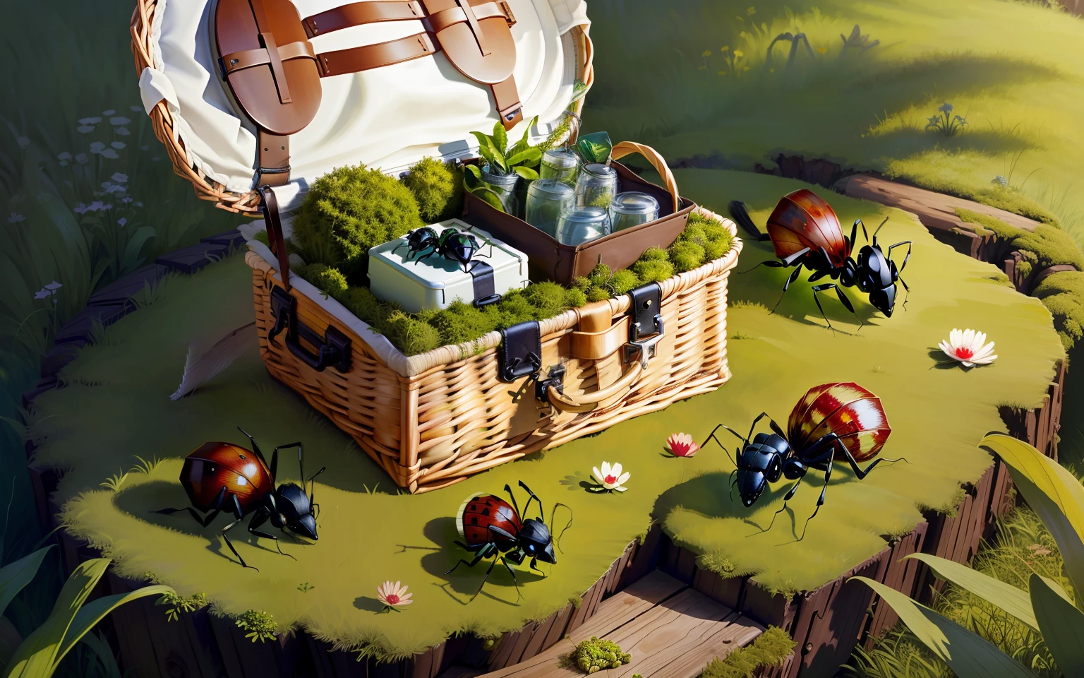 singular picnic basket moss covered ant infested realistic