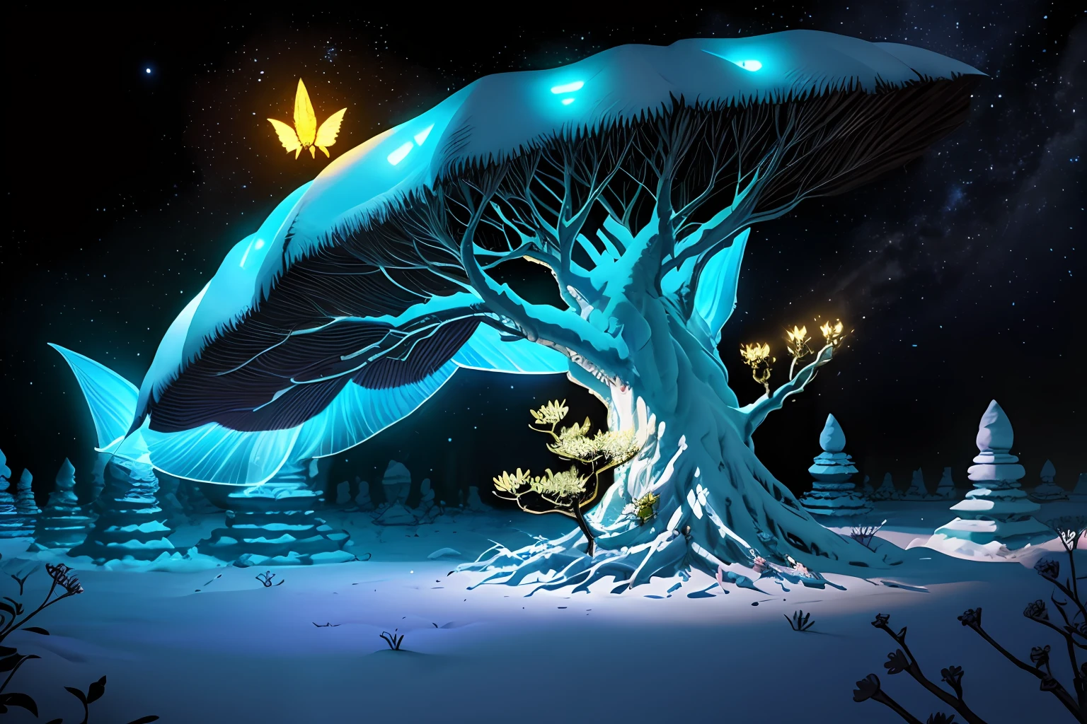 Dragon's tooth tree, anthill, luminous, moth, fantasy