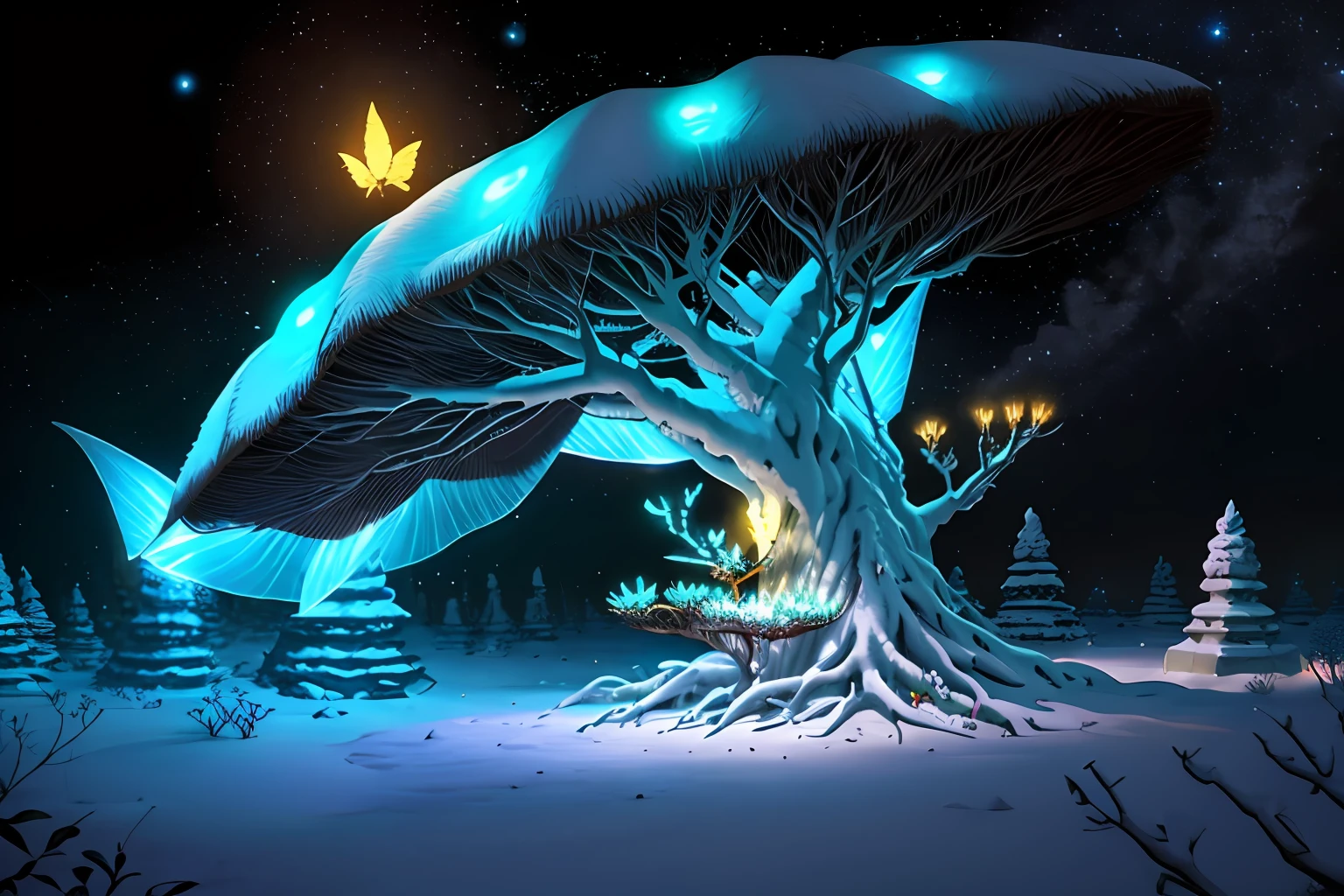 Dragon's tooth tree, anthill, luminous, moth, fantasy