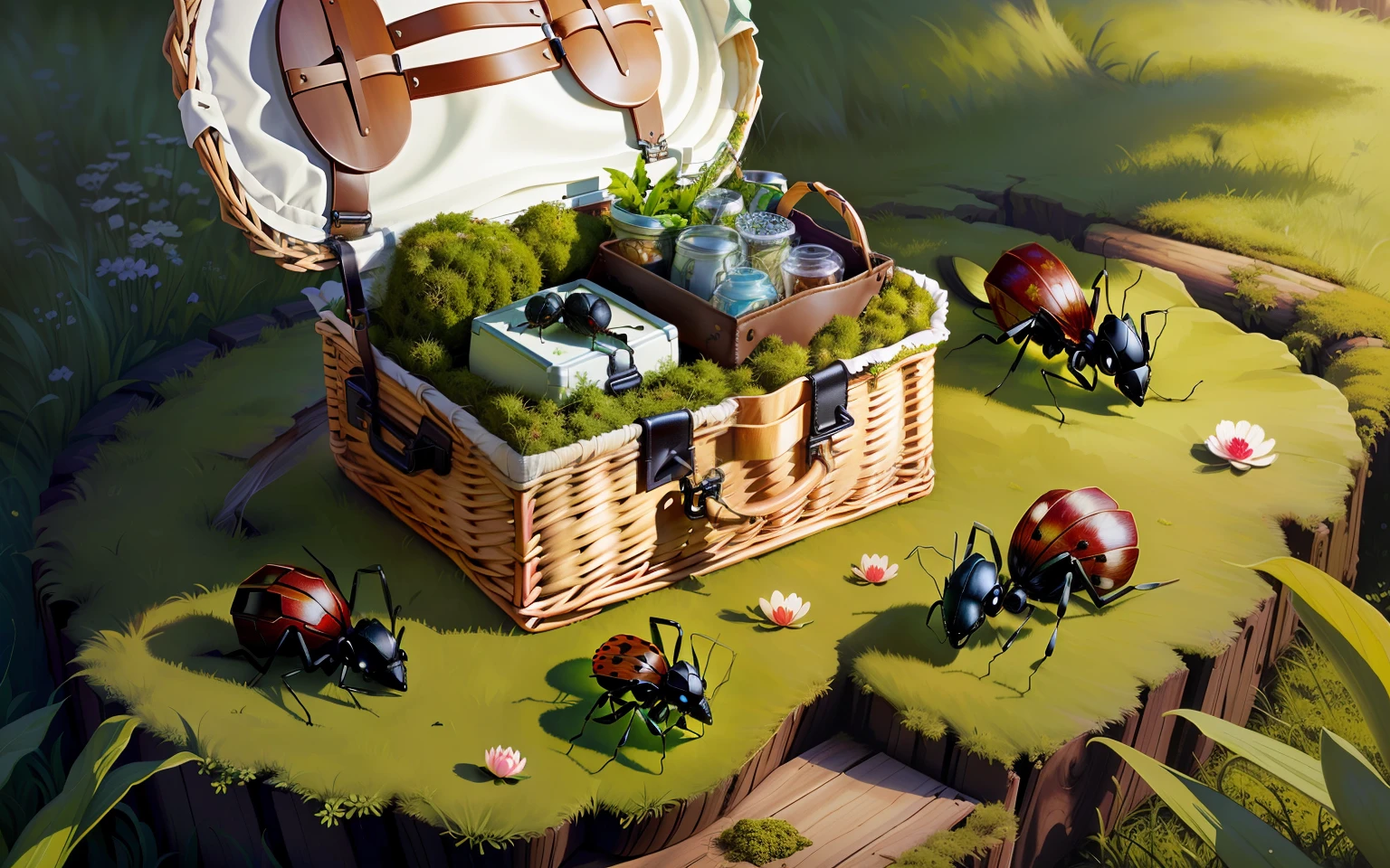 singular picnic basket moss covered ant infested realistic