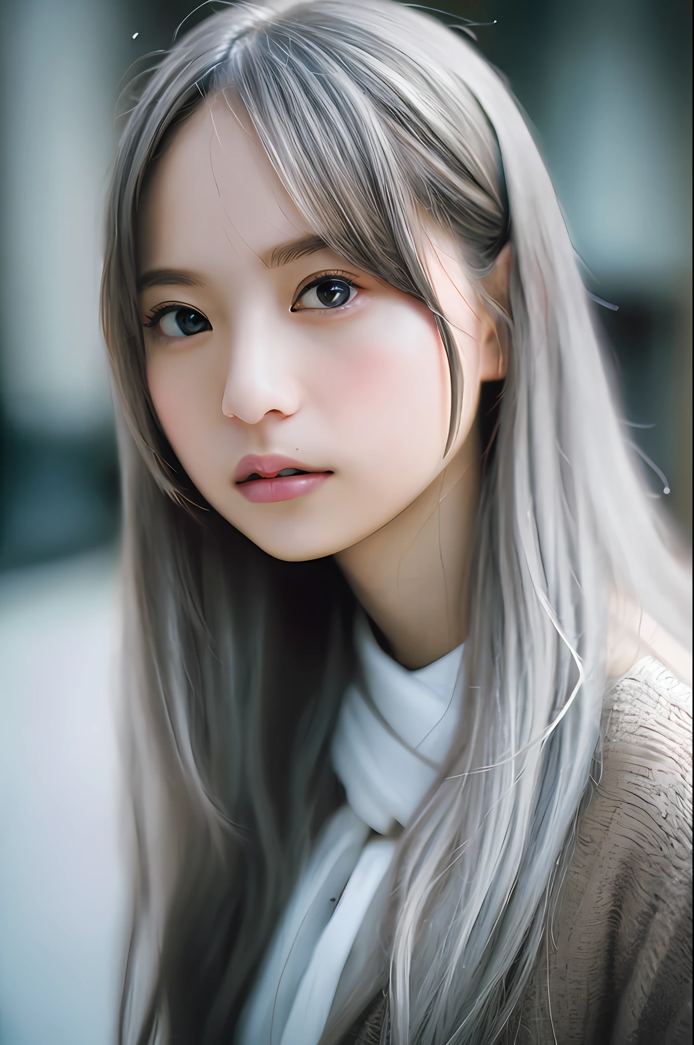 Stunning close-up portrait of a young and beautiful woman with RAW, analog style and impressive features. She must have long, flowing silver hair, a seductive gaze, and a charming look. The background is neutral and simple, allowing the woman to be the focal point of the image. Pay attention to details, such as highlights and shadows on her face and hair, to create realistic and realistic images. Experiment with different lighting techniques to enhance the mood and atmosphere of your portrait. The final product should be a masterpiece that captures the essence and beauty of women ((Highly detailed skin, skin details)), Sharp Focus, Volumetric Fog, 8K, UHD, DSLR, High Quality, Film Grain, Fujifilm XT3