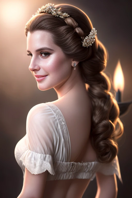 (Ultra Realistic), (Illustration), (Increased Resolution), (8K), (Extremely Detailed), (Best Illustration), (Beautiful and Detailed Eyes), (Best Quality), (Ultra Detailed), (Masterpiece ), ( wallpaper), (detailed face), solo, 28 year old Lana Del Rey as Princess Leia, looking at viewer, fine detail, detailed face, in the dark, candle light, deep shadows, low key, pureerosfaceace_v1, smiling, bust, wearing slave skirt, long legs, thin waist, buttocks, ultra-fine makeup, ultra-fine clothing material