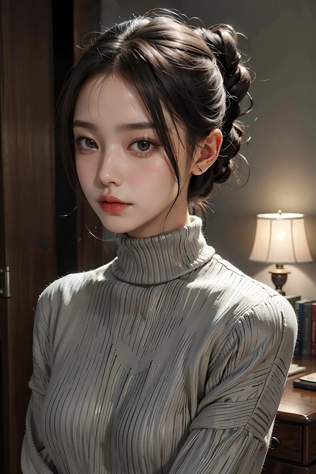 1 girl, waist up, faint smile, shiny skin Best quality, masterpiece, turtleneck sweater (realistic: 1.4)