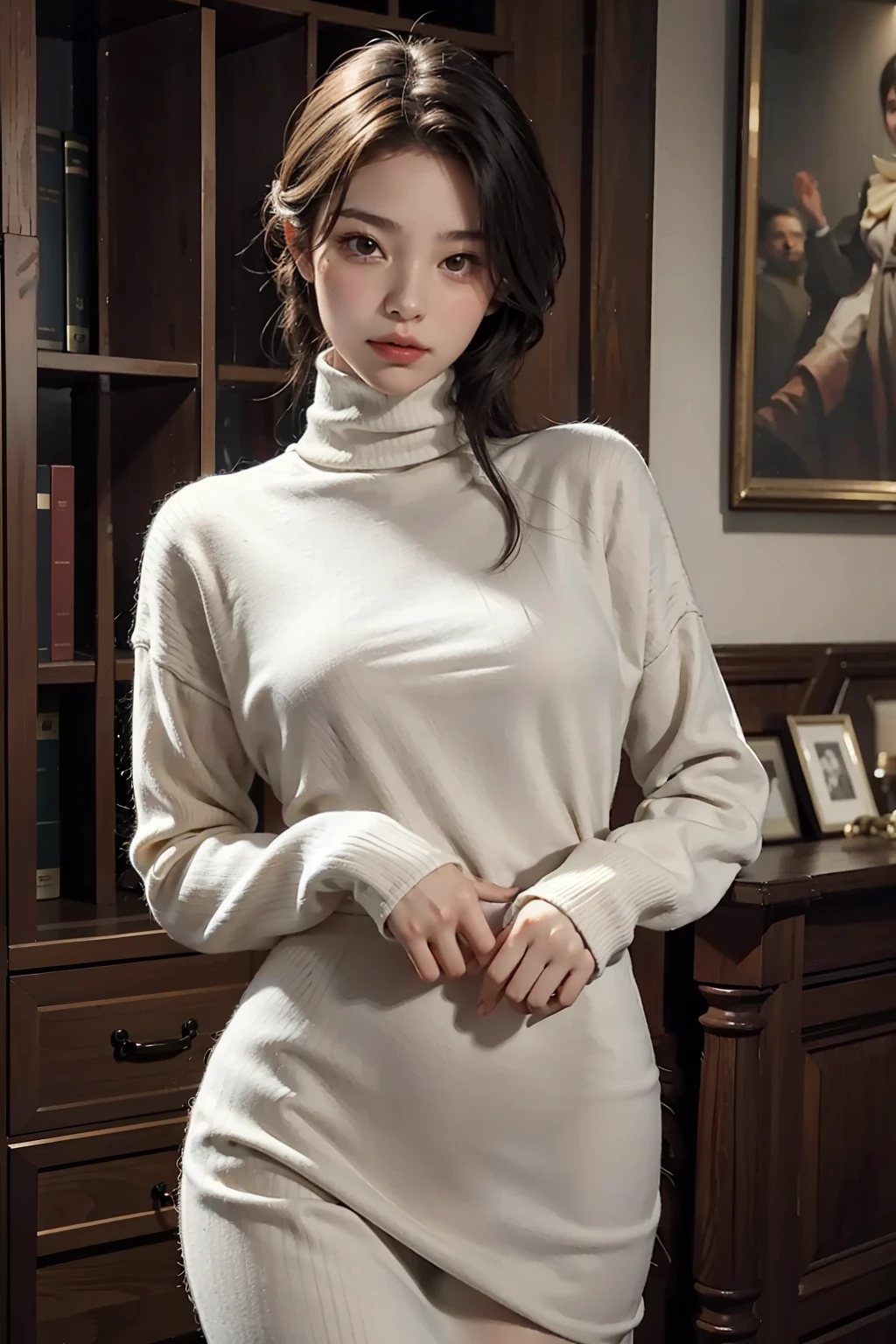 1 girl, waist up, faint smile, shiny skin Best quality, masterpiece, turtleneck sweater (realistic: 1.4)