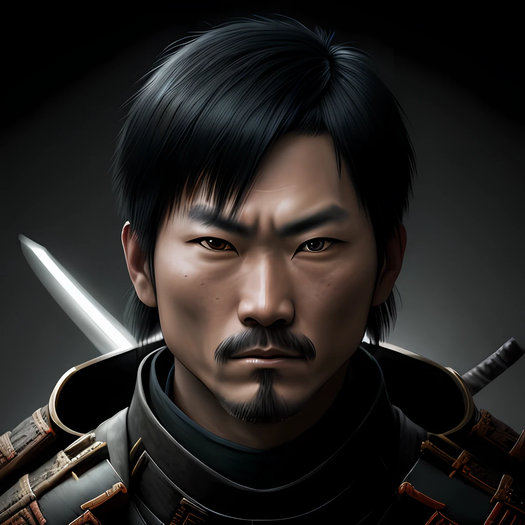 1 Samurai warrior man, short hair, self portrait, diffraction peaks, f/1.8, Nikon, high detail, UHD, masterpiece, best quality, highres, 16k
