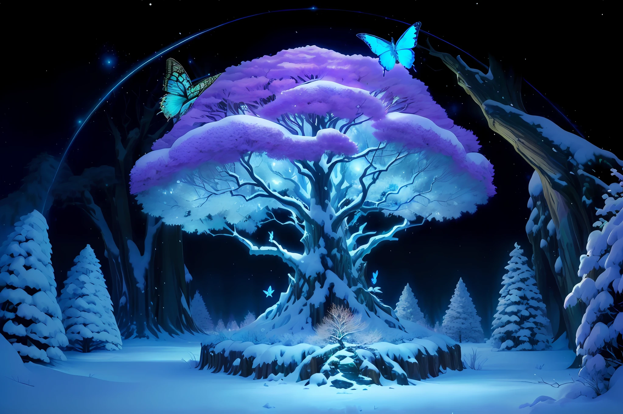 a close up of a tree with a butterfly on it in a snowy forest, fantasy tree, magical tree, inspired by Roger Dean, magic tree, cosmic tree, cosmic tree of life, winter scene fantasy, fantasy magical vegetation, winter concept art, jungian symbols of winter, large magical trees, the world tree, background artwork, roger dean and alexander jansson
