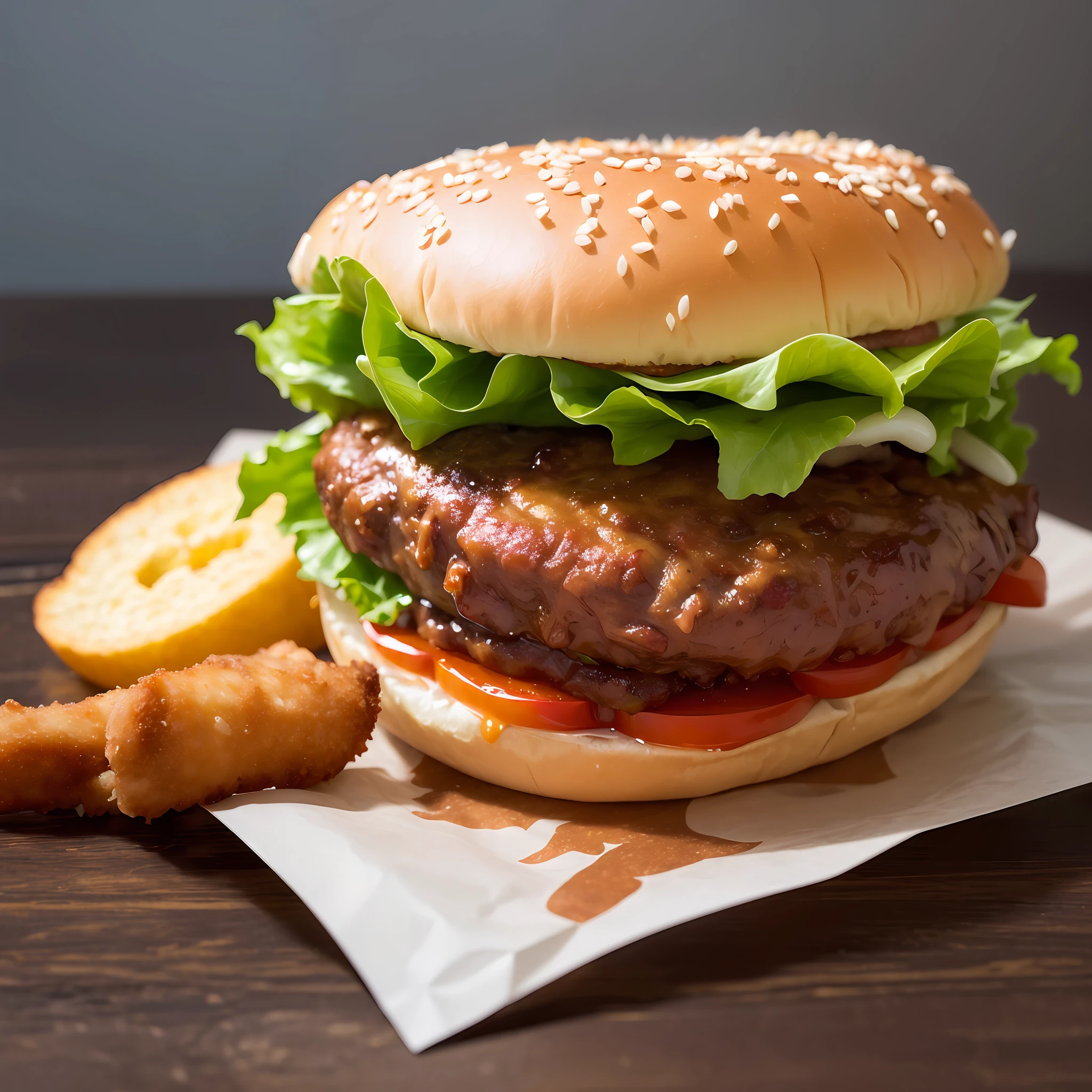 best quality, ultra high res, (photorealistic:1.4), ultra-detailed,incredibly detailed, foil package, big mac, fried meat, wet lettuce, melting cheese, tomatoes