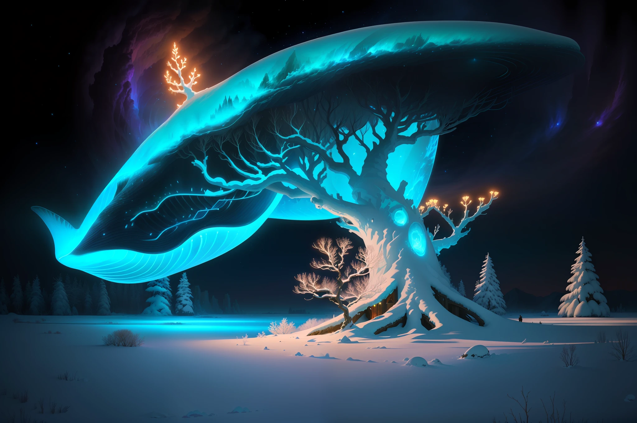 there is a very large blue whale that is in the snow, background artwork, digital 2d fantasy art, fantasy tree, digital art fantasy, 4k highly detailed digital art, background art, detailed fantasy digital art, wide angle fantasy art, magical tree, detailed digital 2d fantasy art, bioluminescent cyber - garden, magic tree