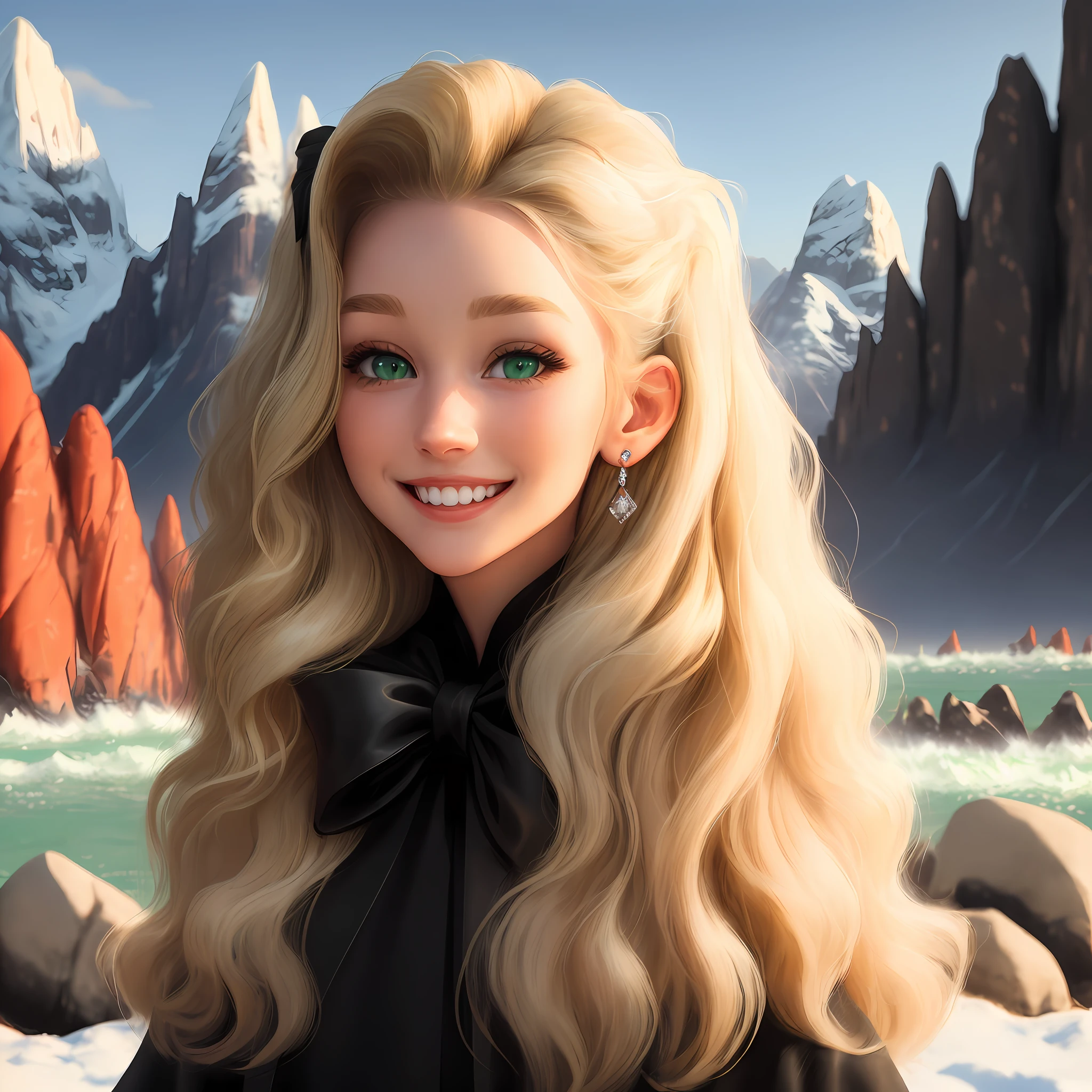 High Detail, Ultra Detail, Ultra High Resolution, Big Green Eyed Girl, Beautiful Smile, Wavy Blonde Hair, Red Bow in Hair, Black Coat, White Shirt, Diamond Earrings, Mountains, Hills, Rock Formations