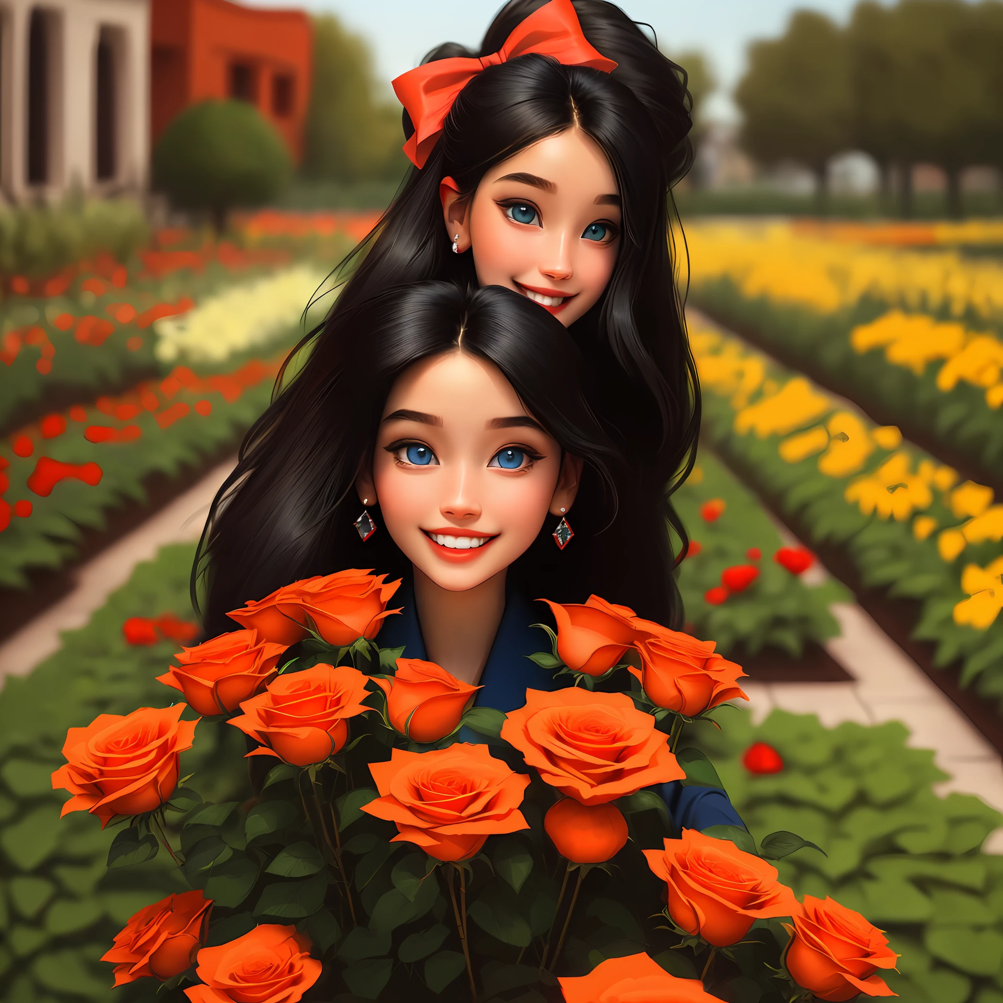 High Detail, Ultra Detail, Ultra High Resolution, girl with big blue eyes, beautiful smile, straight black hair, red bow in hair, black blazer, red shirt, diamond earrings, beautiful garden with very red roses, and yellow pink with orange tones