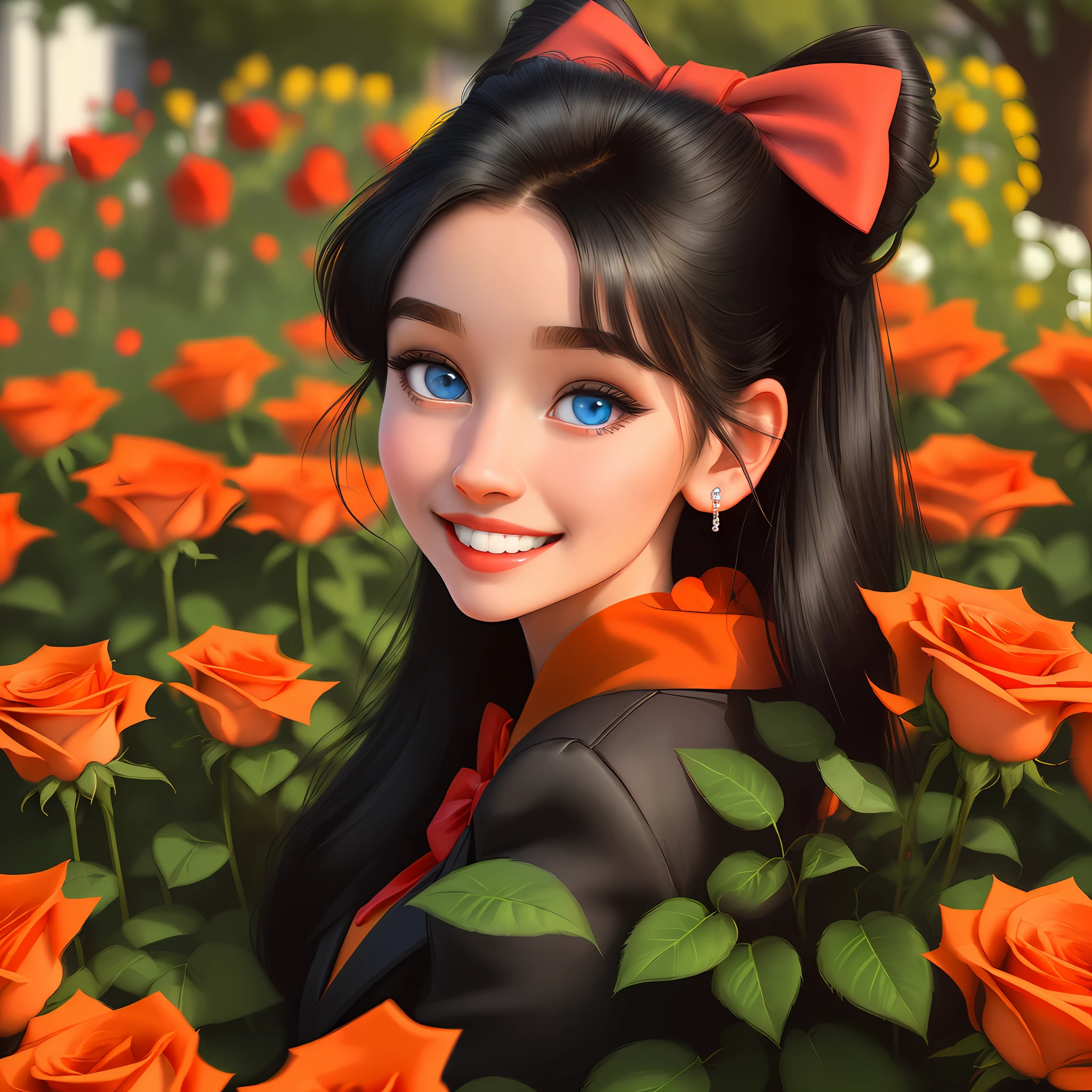 High Detail, Ultra Detail, Ultra High Resolution, girl with big blue eyes, beautiful smile, straight black hair, red bow in hair, black blazer, red shirt, diamond earrings, beautiful garden with very red roses, and yellow pink with orange tones