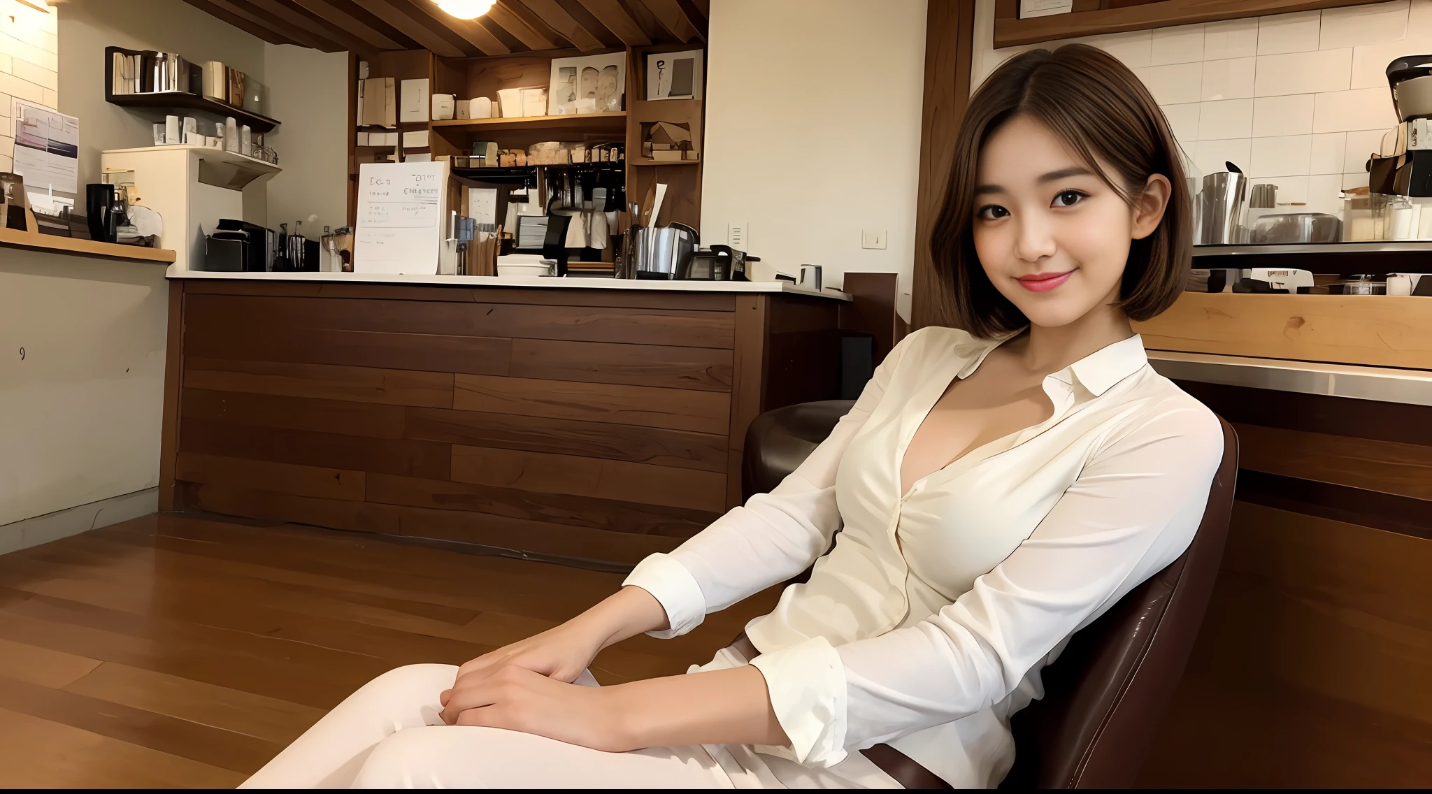 Masterpiece, top light, focus, smile, girl, short brown hair, layered short hair, double sideburns, medium breasts, coffee shop, seated seat, high definition, delicate facial features, double eyelids, white professional wear,