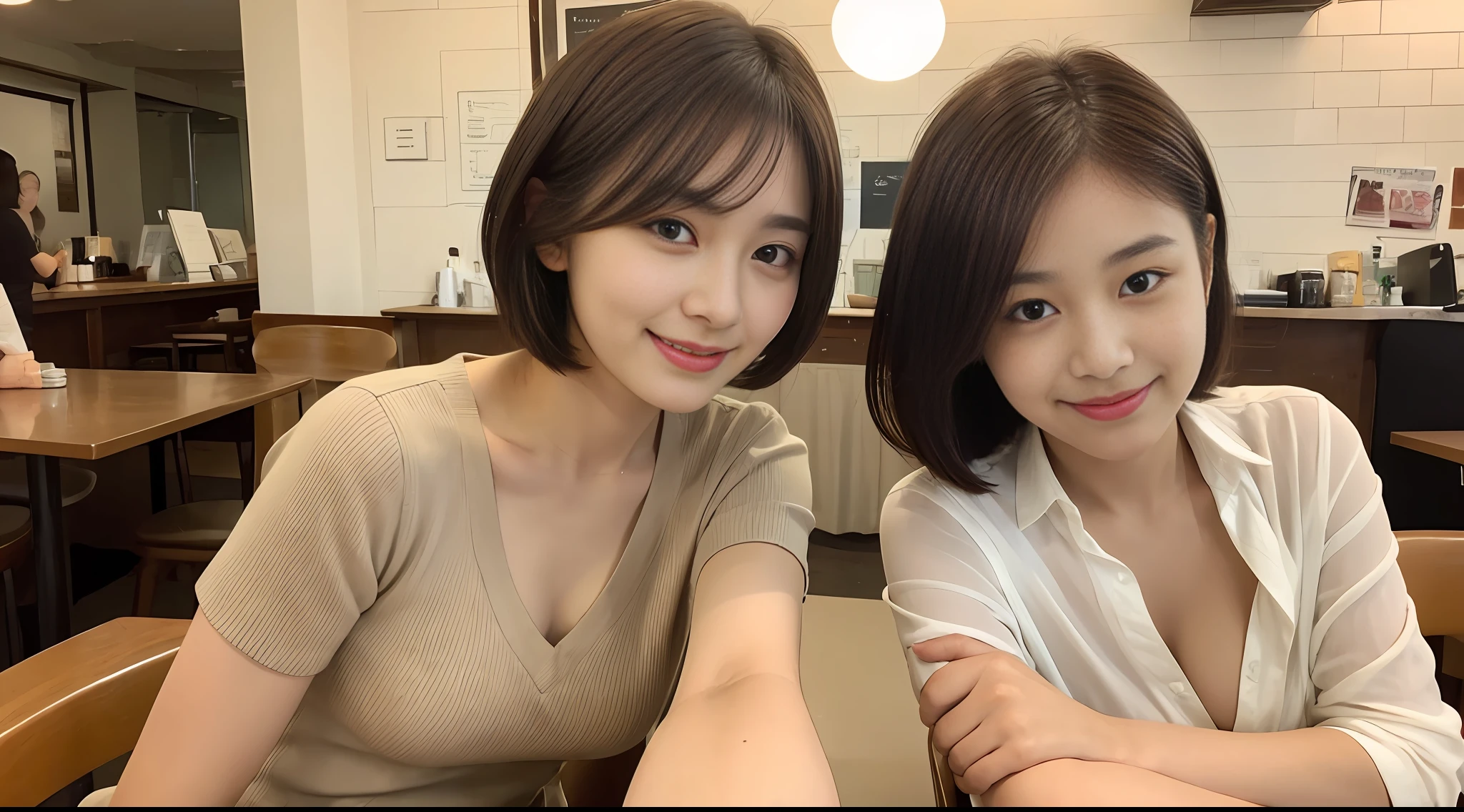 Masterpiece, top light, focus, smile, girl, short brown hair, layered short hair, double sideburns, medium breasts, coffee shop, seated seat, high definition, delicate facial features, double eyelids, white professional wear,