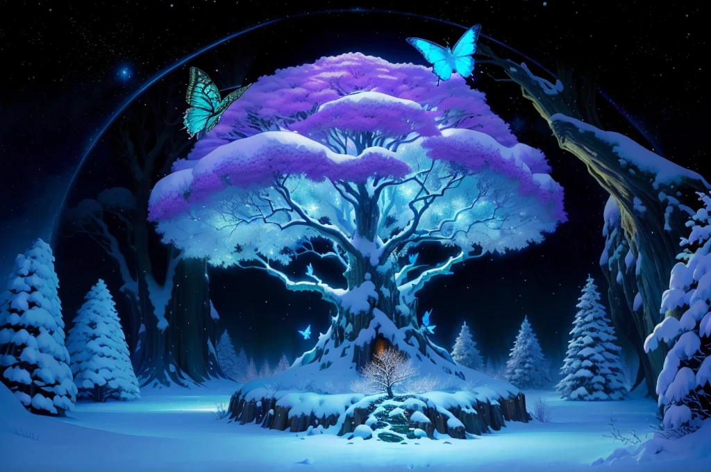 a close up of a tree with a butterfly on it in a snowy forest, fantasy tree, magical tree, inspired by Roger Dean, magic tree, cosmic tree, cosmic tree of life, winter scene fantasy, fantasy magical vegetation, winter concept art, jungian symbols of winter, large magical trees, the world tree, background artwork, roger dean and alexander jansson