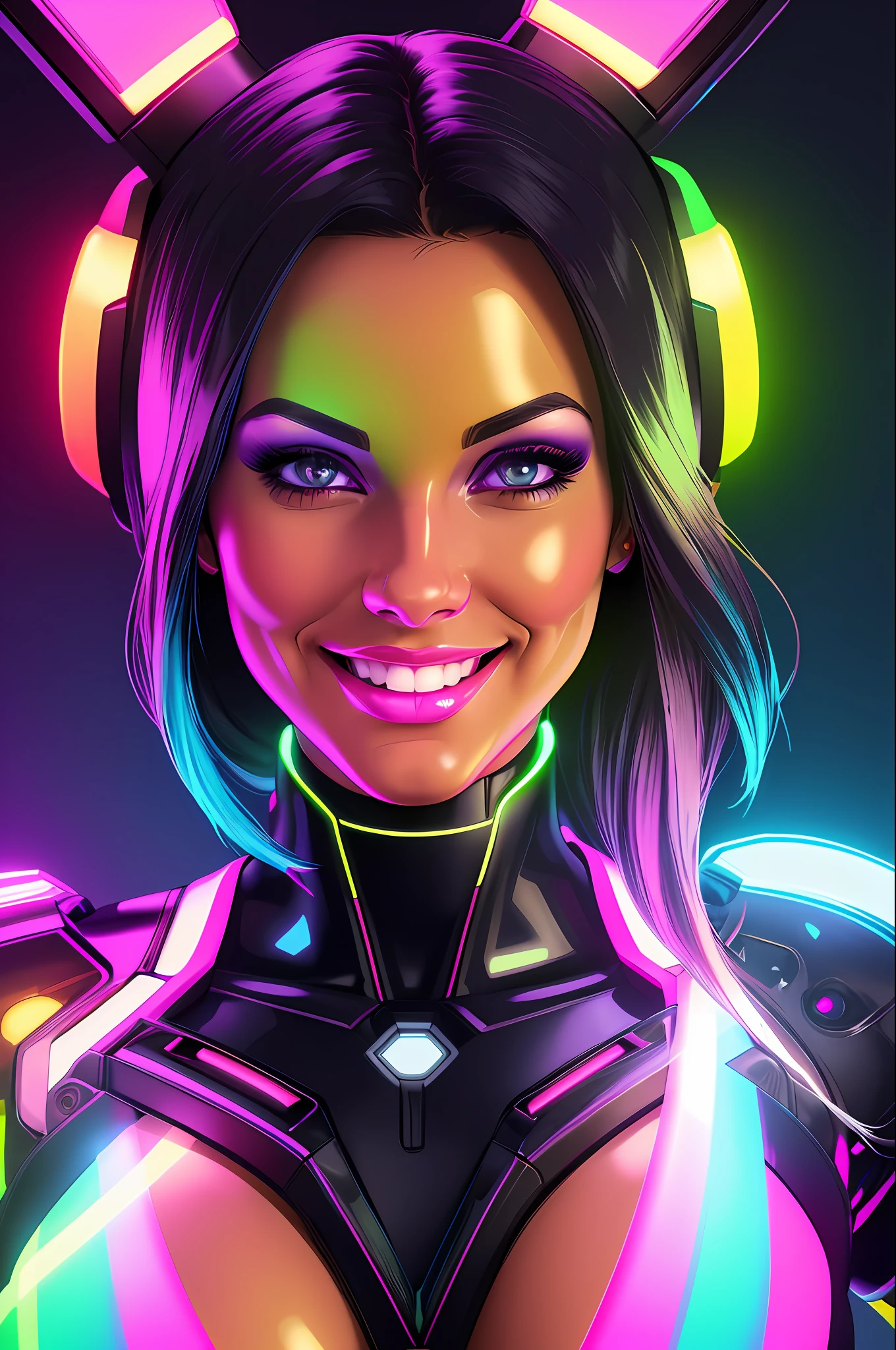 style, cyborg woman, (neon lights: 1.1), bright colors, (thepit bimbo :0.5), bright, sexy, cyborg, robot, exposed parts, exposed mechanics,

[Anita],, looking at the viewer, smile, symmetrical, centered, closeup, extreme closeup, upper body, cleavage focus,
milf, female, athletic, fit, tall, European, minidress, animated, smile, glowsticks, futuristic,
golden outline,
[(color colors of psychedelic explosion painting:1.1)::0.125],
iridescent, chromatic aberration, studio lights, bright light, glowing skin,
realistic, realistic, photo-realistic, 8k, highly detailed, body proportions,
diffuse light, laser lights, fog