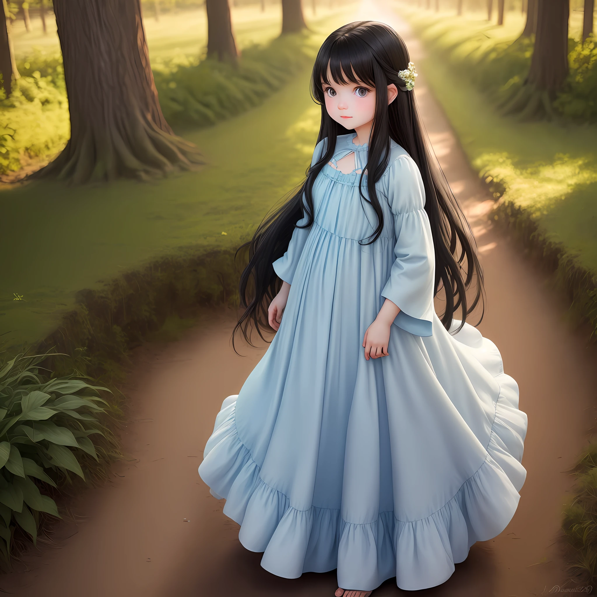 medium long black hair, light blue eyes, a girl, standing, warm light, long dress, soft smile
