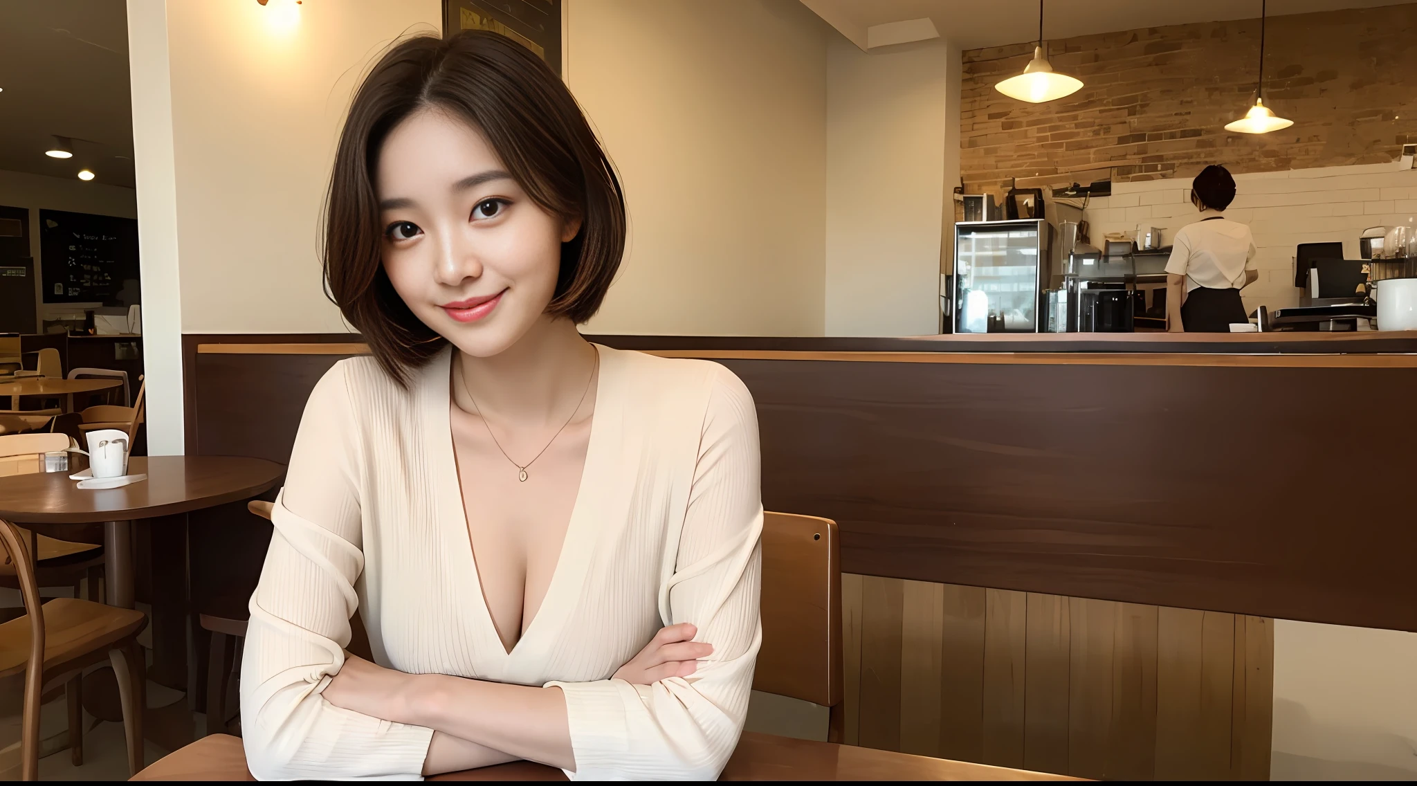 Masterpiece, top light, focus, smile, girl, short brown hair, layered short hair, double sideburns, medium breasts, coffee shop, seated seat, high definition, delicate facial features, double eyelids, white professional wear,