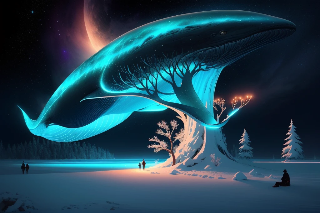 there is a very large blue whale that is floating in the sky, 4k highly detailed digital art, winter concept art, inspired by Christopher Balaskas, beautiful art uhd 4 k, 8k hd wallpaper digital art, 4k detailed digital art, by Christopher Balaskas, 8k stunning artwork, beautiful digital artwork, digital artwork 4 k