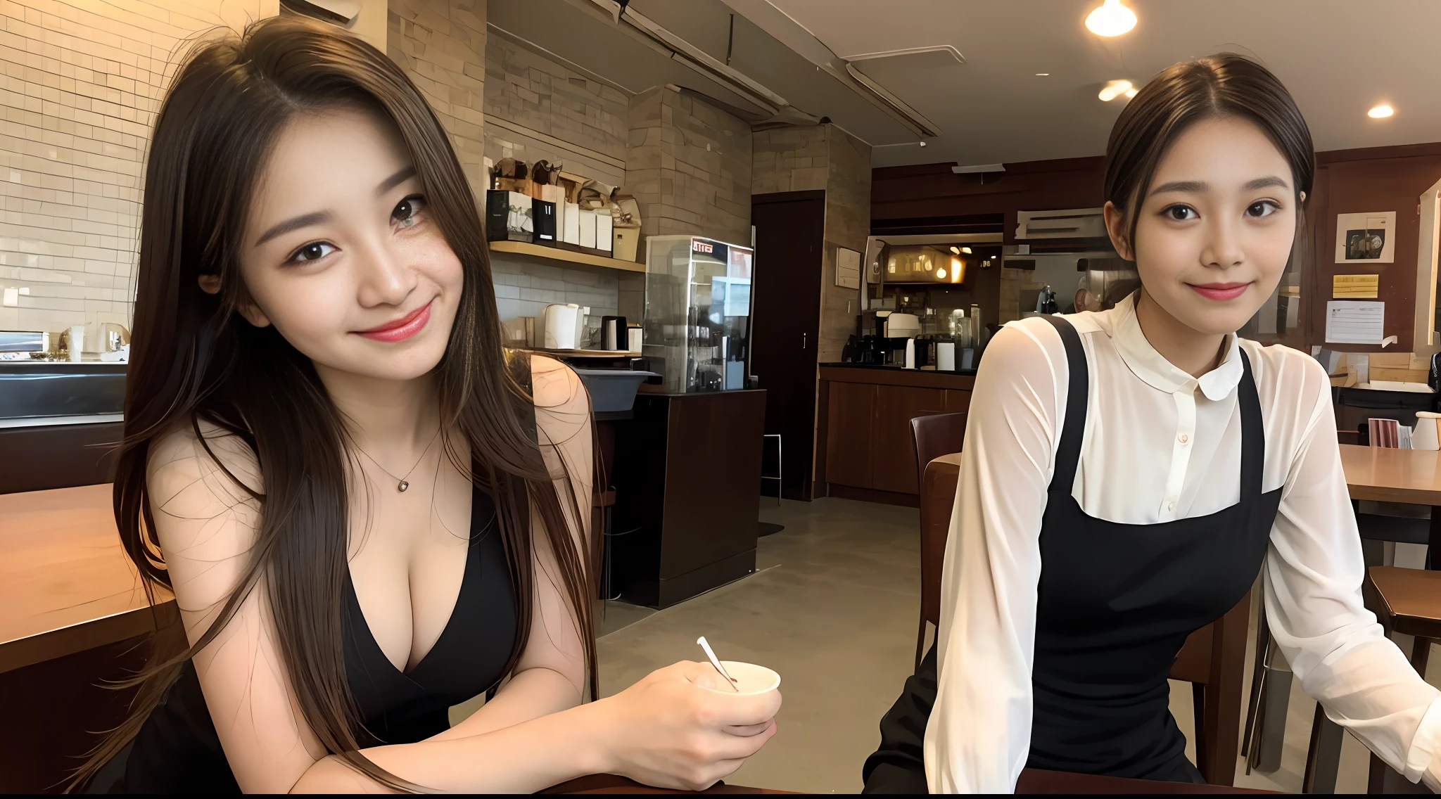 Masterpiece, top light, focus, smile, girl, long brown hair, layered sideburns, medium breasts, coffee shop, seated seat, high definition, delicate facial features, double eyelids, white professional wear,