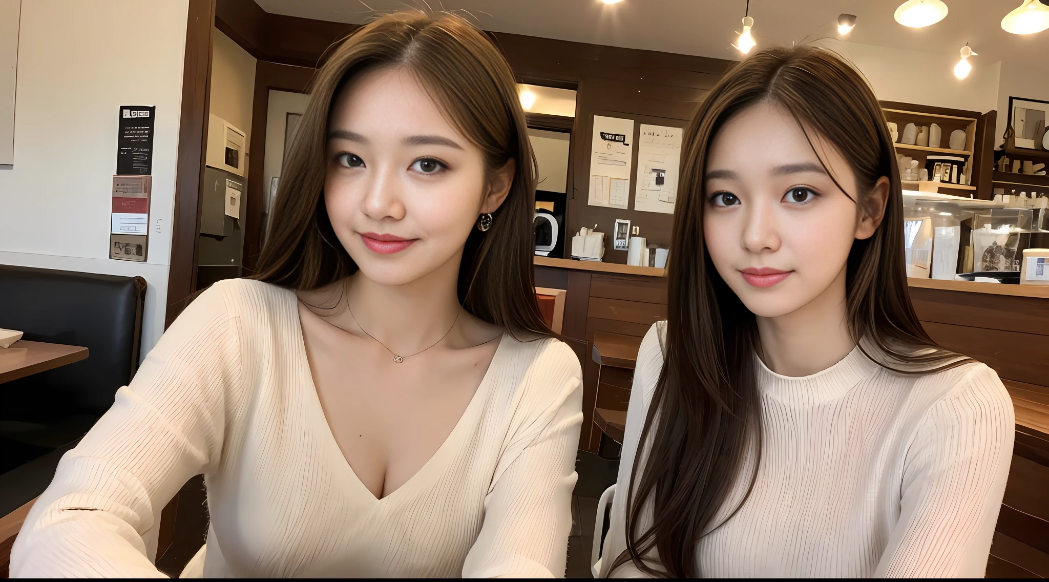 Masterpiece, top light, focus, smile, girl, long brown hair, layered sideburns, medium breasts, coffee shop, seated seat, high definition, delicate facial features, double eyelids, white professional wear,