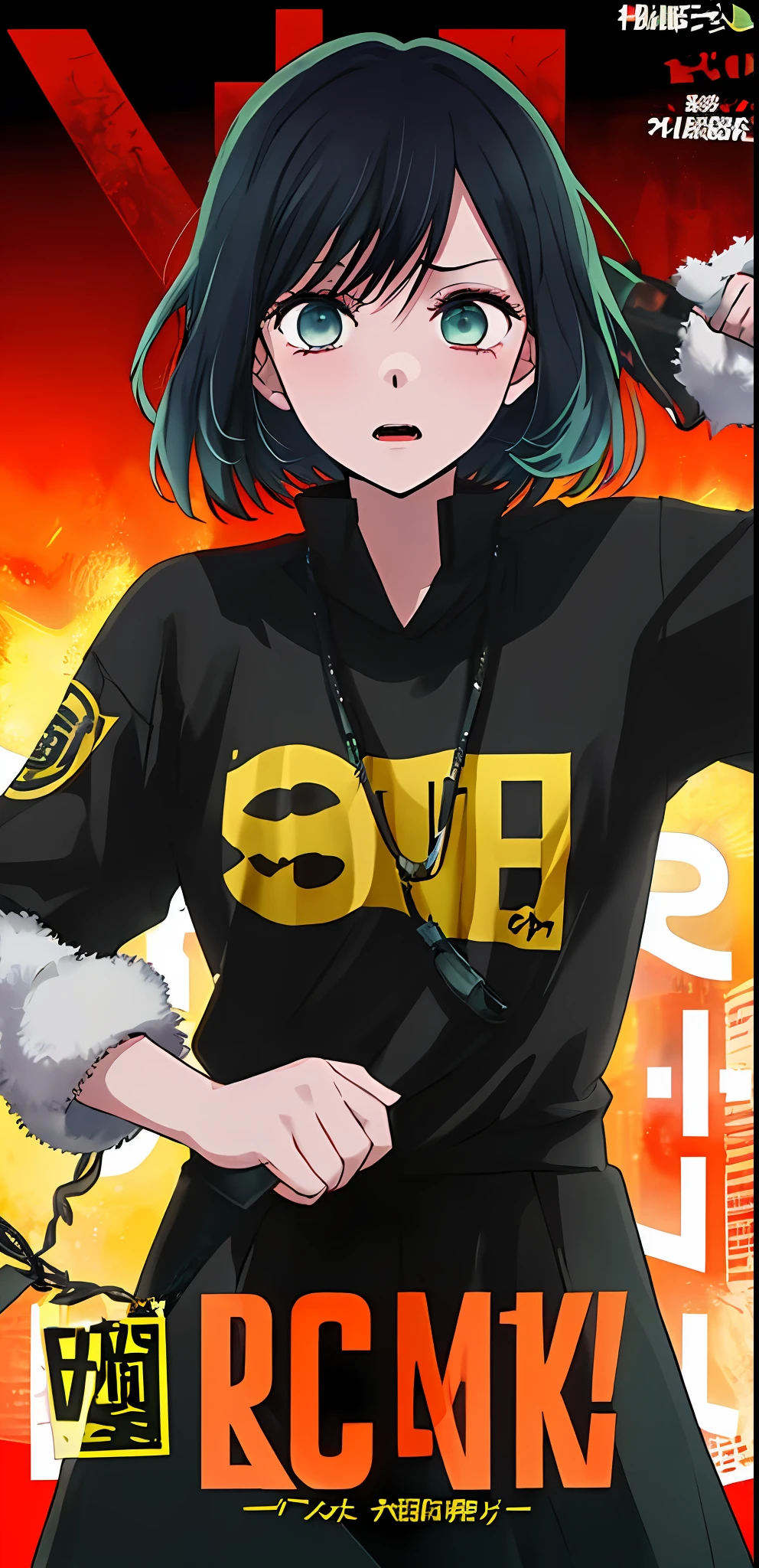 (((dramatic))), (((gritty))), (((intense)))) The movie poster features as the central character. She is shy in the center of the poster, wearing idol outfit, and a determined expression on her face. The background is dark and gritty, with a feeling of drunkenness. The text is bold and eye-catching, with catchy slogans that add to the overall drama and excitement. The color palette is dominated by dark colors, dotted with bright colors, giving the poster a dynamic and visual impact, tachi-e (magazine:1.3), (cover-style:1.3), fashionable, vibrant, outfit, posing, front, colorful, dynamic, background, element, confident, expressive, holding, statement, attachment, majestic, coiled, around, touch, scene, text, cover, bold, eye-catching, title, fashion, font, catchy, title, bigger, eye-catching, modern, trendy, focused, stylish, 1 girl, Battle shonen