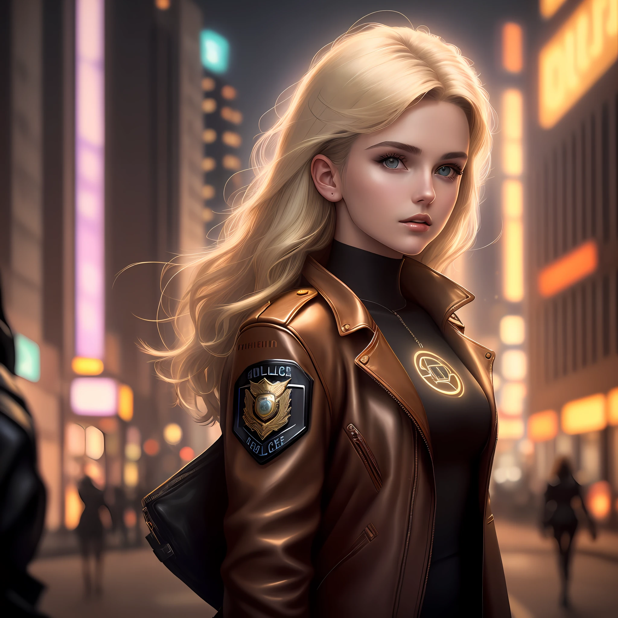 Angel portrait as a beautiful female model, georgia fowler, beautiful face, with very short light blonde hair, in cyberpunk city at night. She is wearing a brown leather jacket, dramatic lighting, photon mapping, (police badge: 1.2)