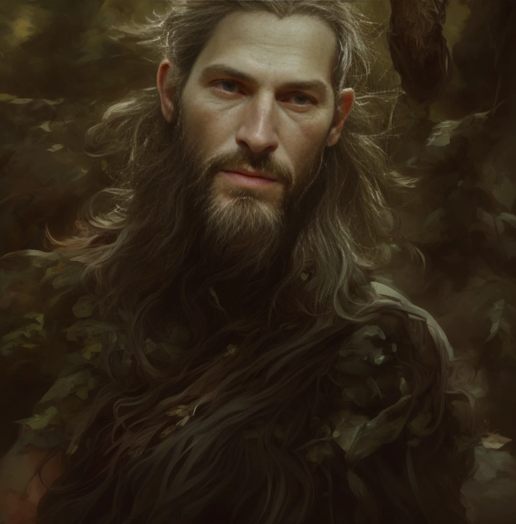 a painting of a man with long hair and a beard in the woods, fantasy male portrait, art of wlop and greg rutkowski, wlop jeremy lipkin, portrait of a slender elven man, inspired by Ryan Barger, a portrait of a male elf, inspired by WLOP, fantasy art smug smile man, fantasy concept art portrait