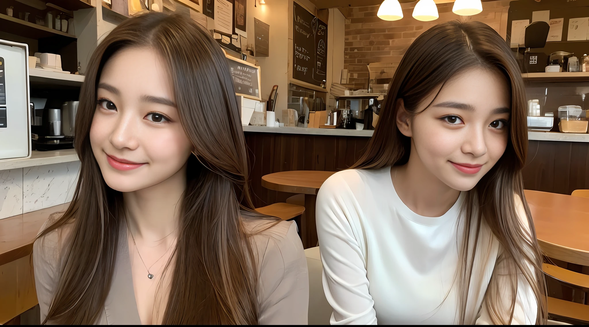 Masterpiece, top light, focus, smile, girl, long brown hair, layered sideburns, medium breasts, coffee shop, seated seat, high definition, delicate facial features, double eyelids, white professional wear,