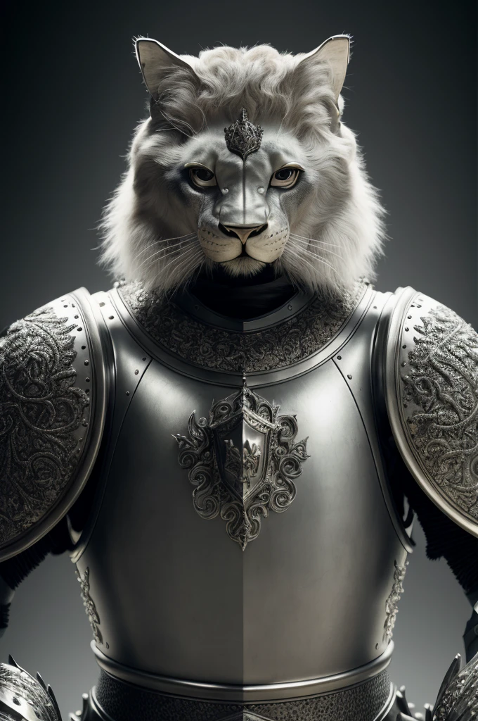 Lion made of (kneeling knight), portrait, elaborate armor, intricate design, silver, silk, cinematic lighting, 4k,